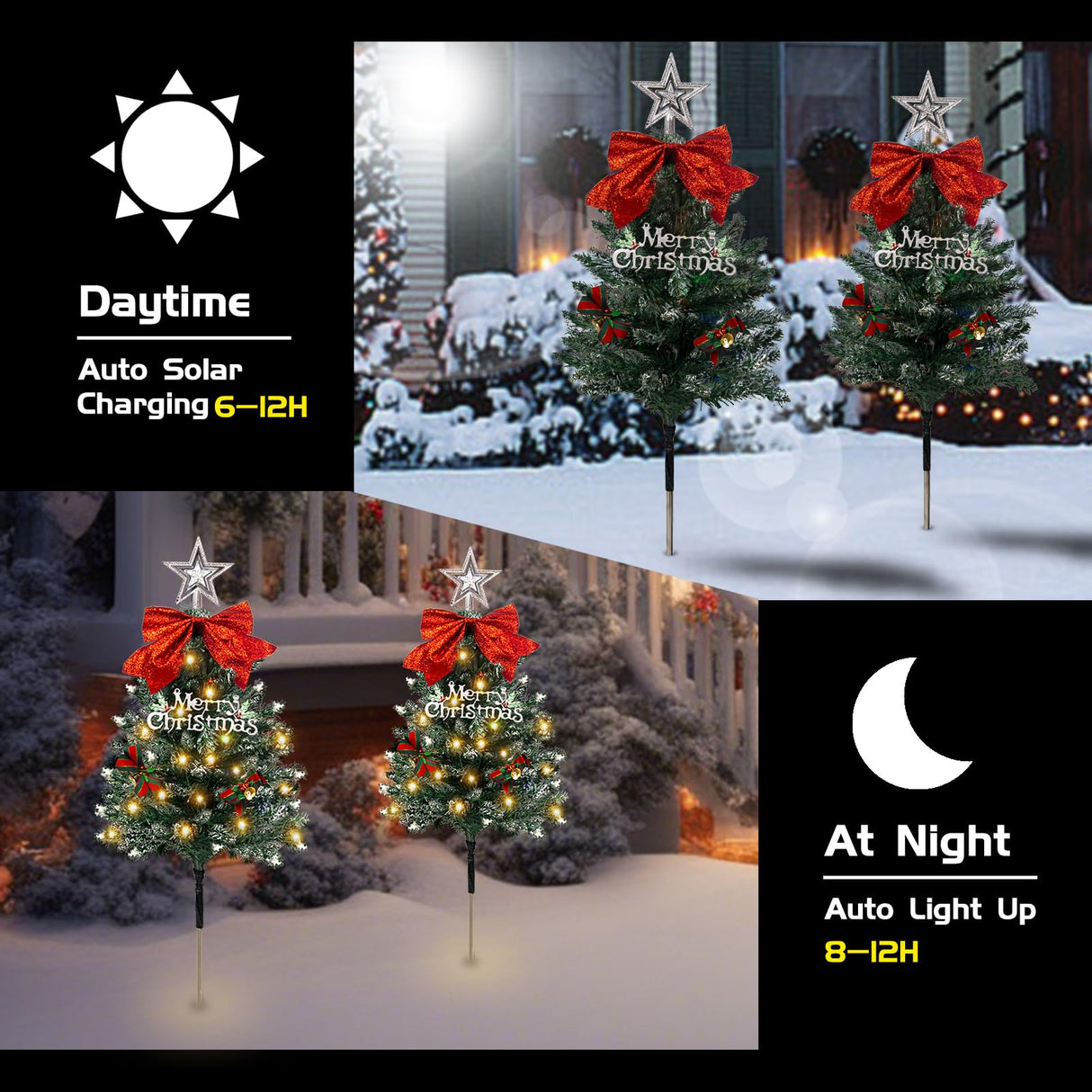 4 Pack Christmas Tree Solar Pathway Lights Outdoor Decorations, Waterproof Artificial Mini Xmas Tree Stake Lights with DIY Ornamets for Garden Yard Porch Decor (Snowy Tree)