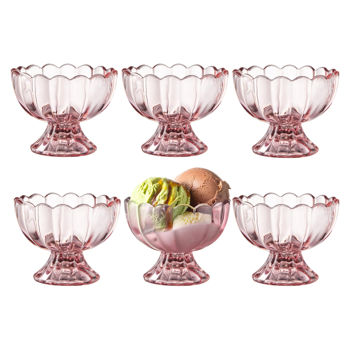 KMwares 6PCs Set 5oz Small Cute Footed Tulip Glass Dessert Bowls/Cups - Perfect for Dessert, Sundae, Ice Cream, Fruit, Salad, Snack, Cocktail, Condiment, Trifle and Christmas Holiday Party (Pink)