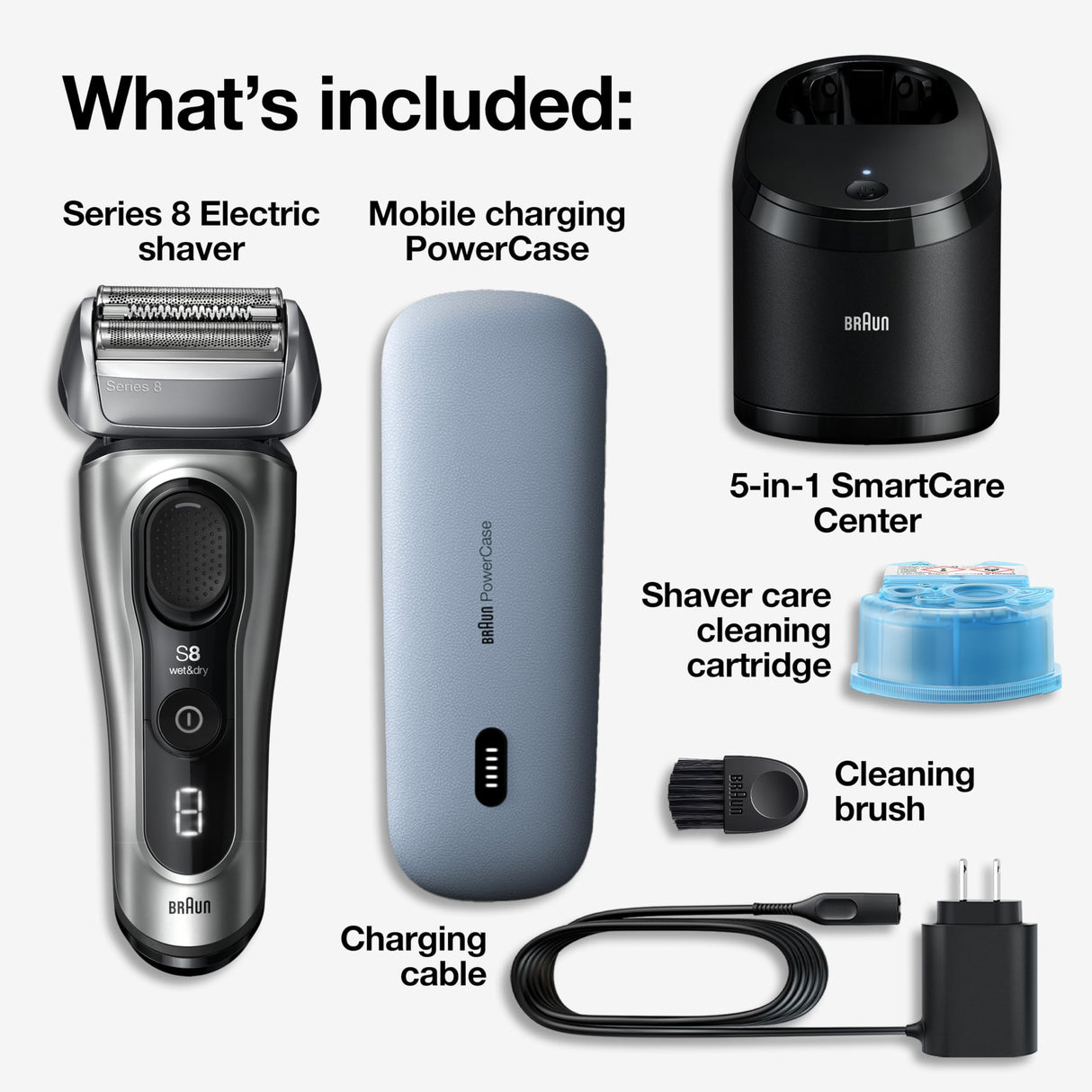 Braun Series 8 Electric Shaver, Shaving Kit with 4+1 Shaving Elements, Precision Long Hair Trimmer, SmartCare Center, PowerCase