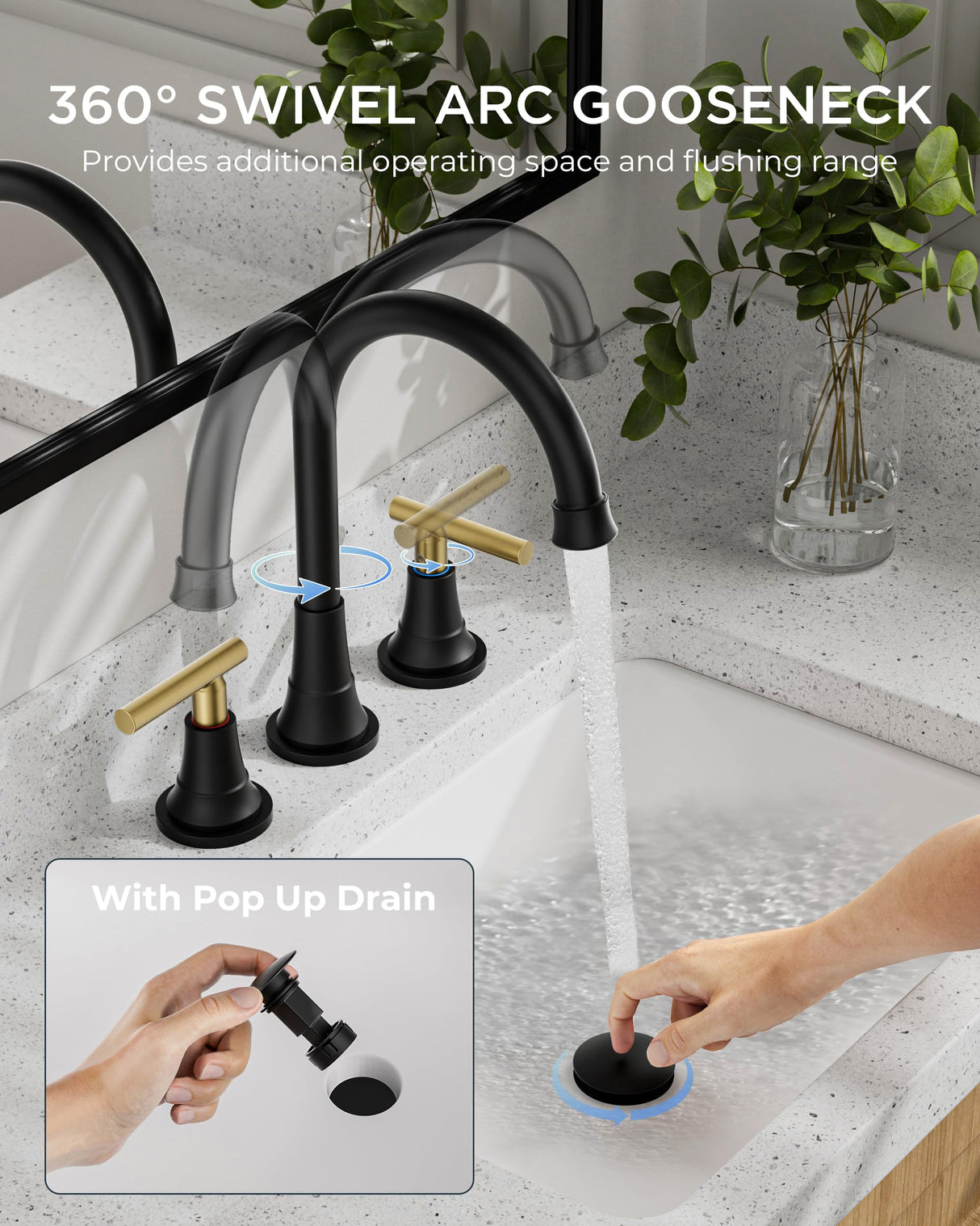 FORIOUS 8 Inch Widespread Bathroom Faucet Black and Gold, 2 Handle Mix Color Rv Matte Black and Brushed Gold Bathroom Sink Faucet 3 Hole, with 360° Rotating Spout, Pop-up Drain, and Supply Line