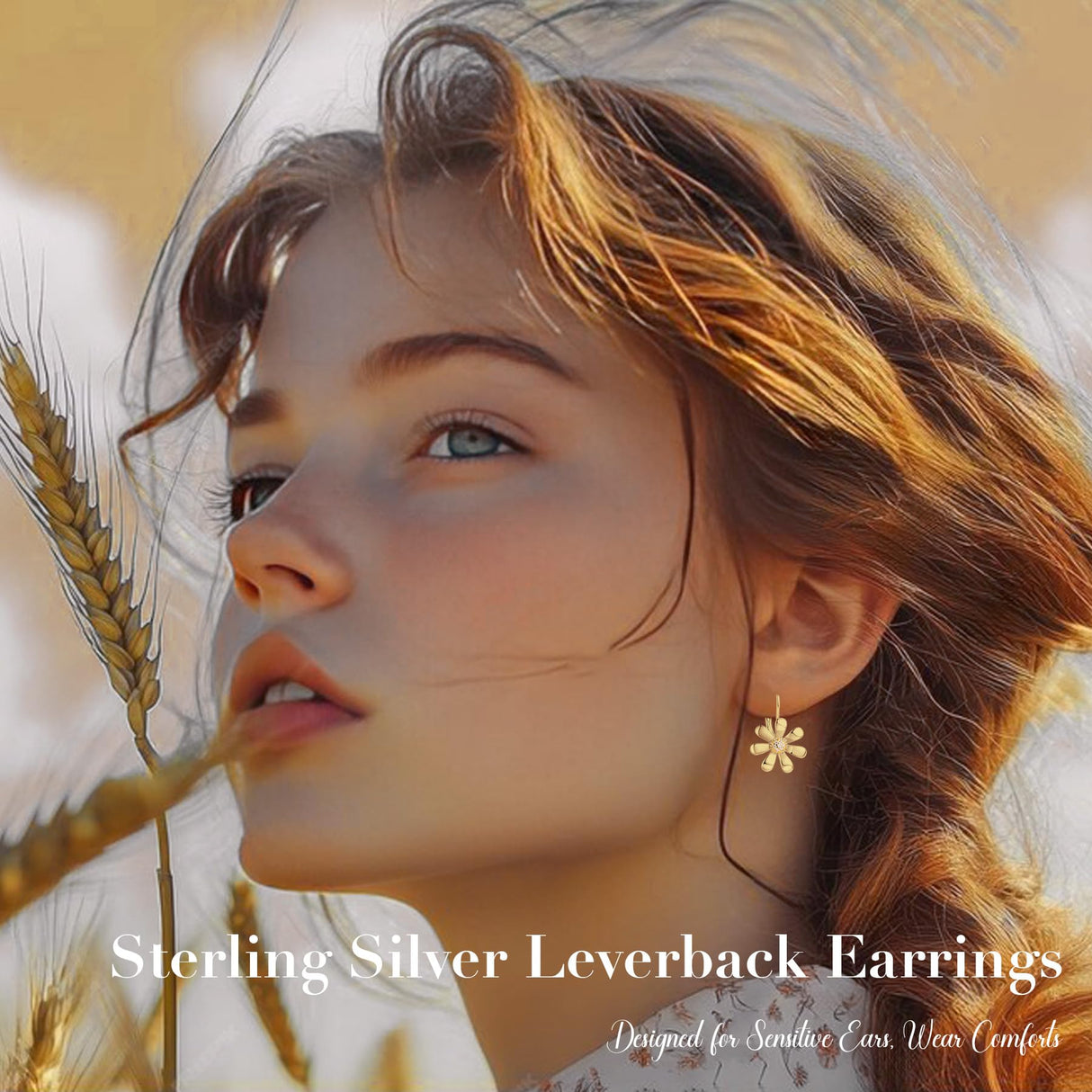 YZSFMZGE Daisy Earrings 925 Sterling Silver Leverback Drop Dangle Earrings for Women 18K White Gold Plated Hypoallergenic Cubic Zircon Daisy Flower Earrings Jewelry Gifts for Sensitive Ears (Yellow Gold)