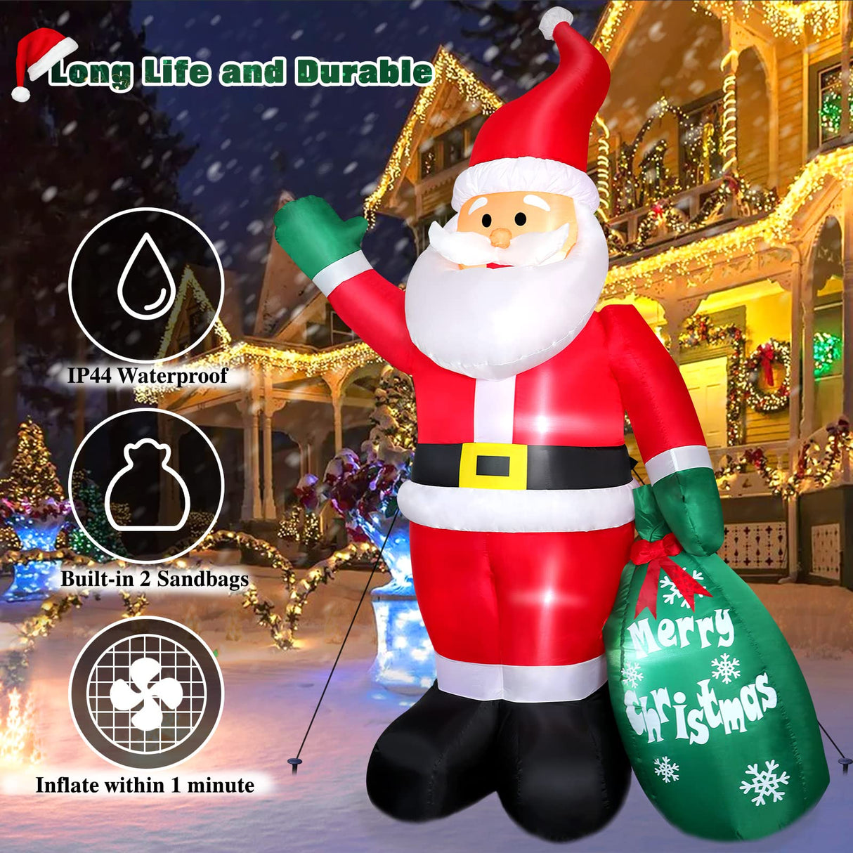 8 FT Christmas Inflatable Santa Claus Outdoor Decoration for Yard, Blow up Santa Decor with Big Gift Bag, Built-in LED Lights for Garden Patio Lawn Home Indoor Winter Holiday Party, IP44 Weatherproof