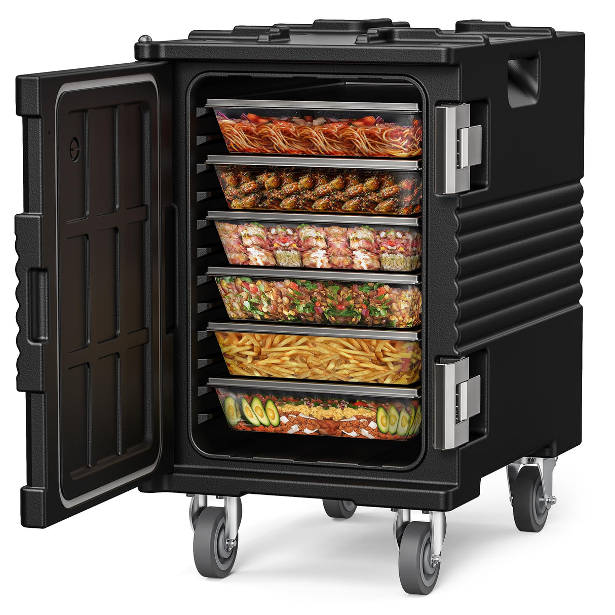 CAMMOO 95QT Non-Electrical Catering Food Warmers with Swivel Casters, 304 Stainless Steel Latch, Insulated Food Carrier for 6 Full-Size Pans(NOT INCLUDED), Food Warmer Hot Boxes for Catering BBQ Event