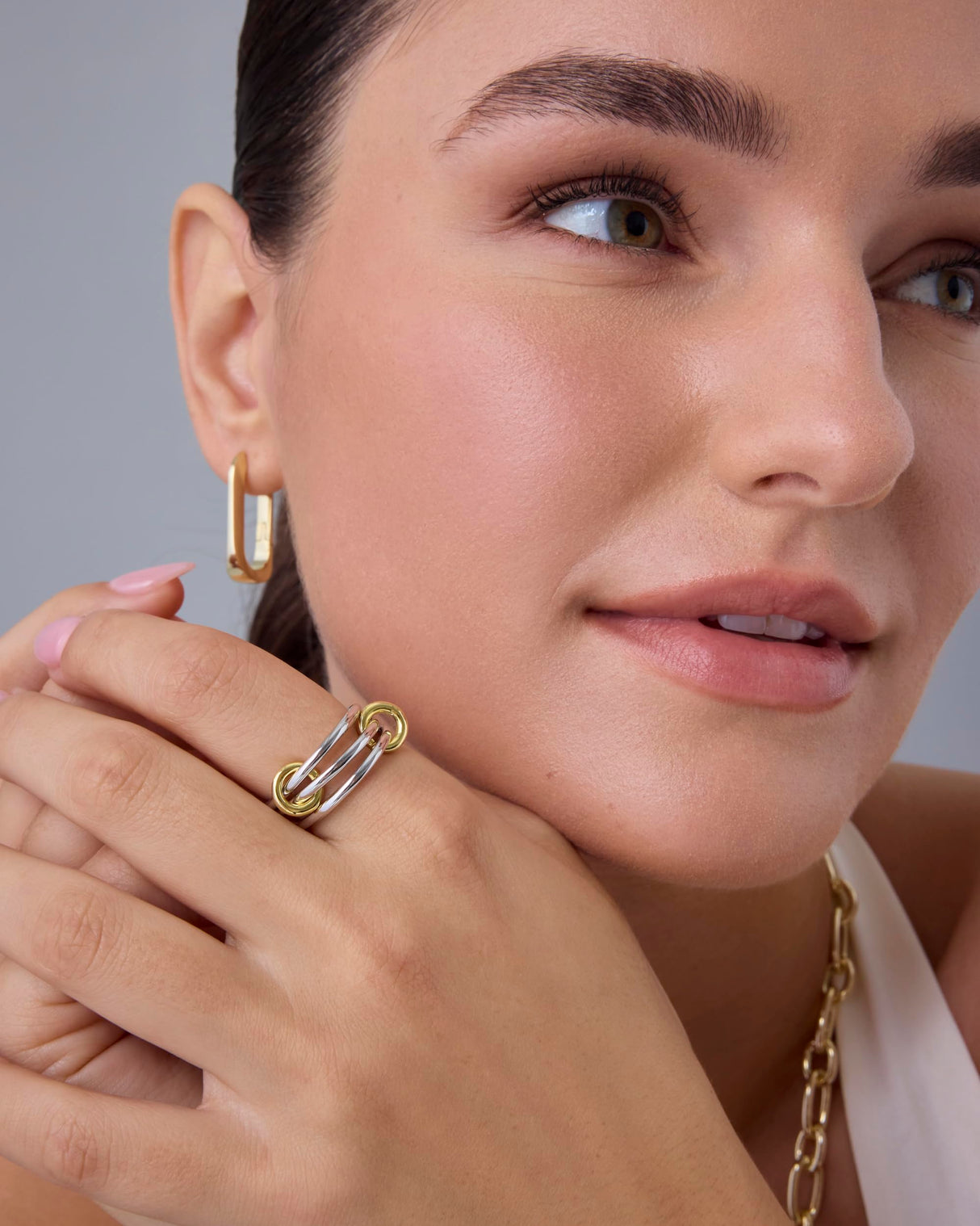 PAVOI Rhodium Plated Two Toned Eternity Statement Ring for Women - Mixed Metals Yellow Gold Interlocking Band - Size 6