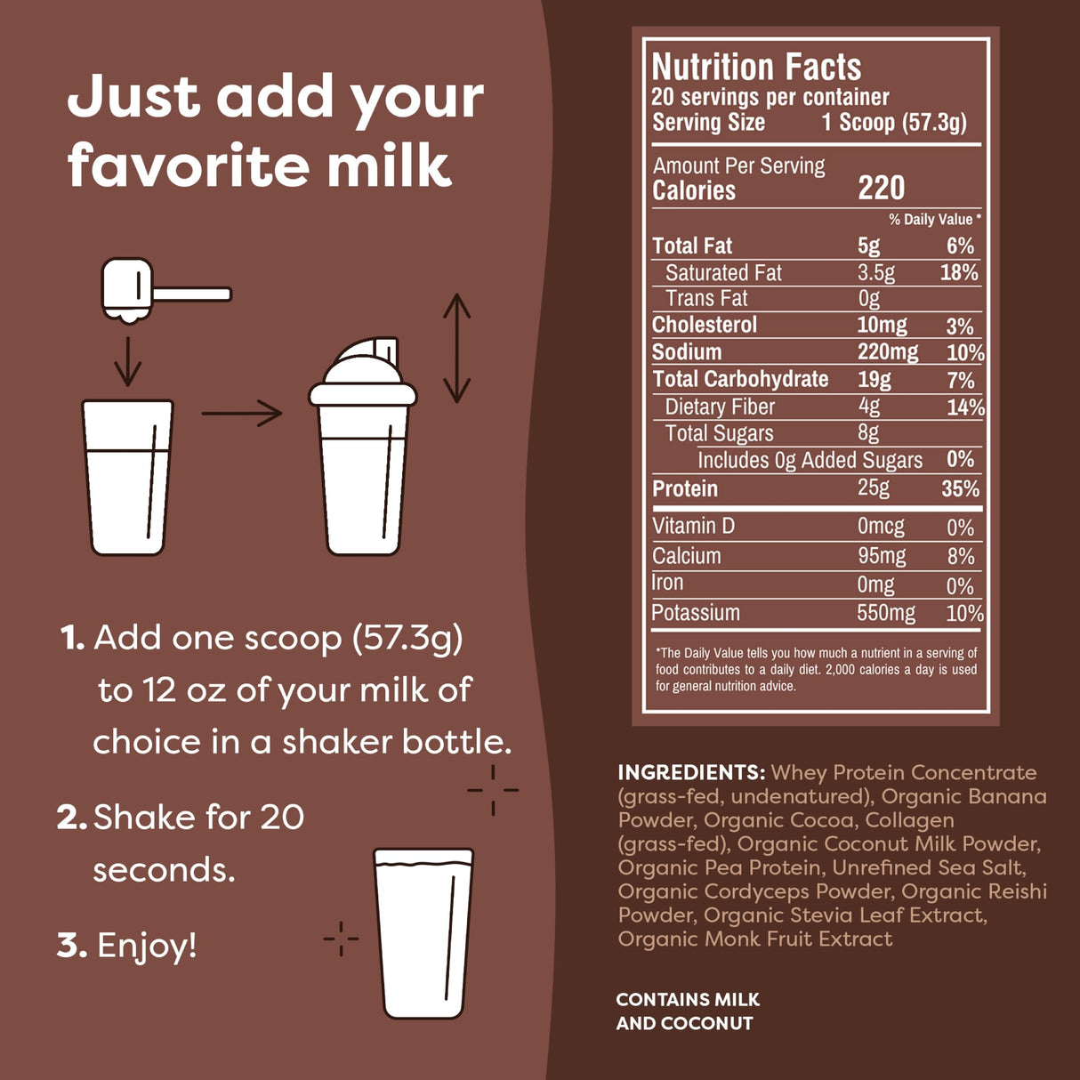 FlavCity Grass Fed Whey Chocolate Protein Powder - 25g Protein & 10g Collagen - Made with Organic Cocoa, Bananas & Coconut Milk - Gluten Free & No Added Sugars (20 Servings)
