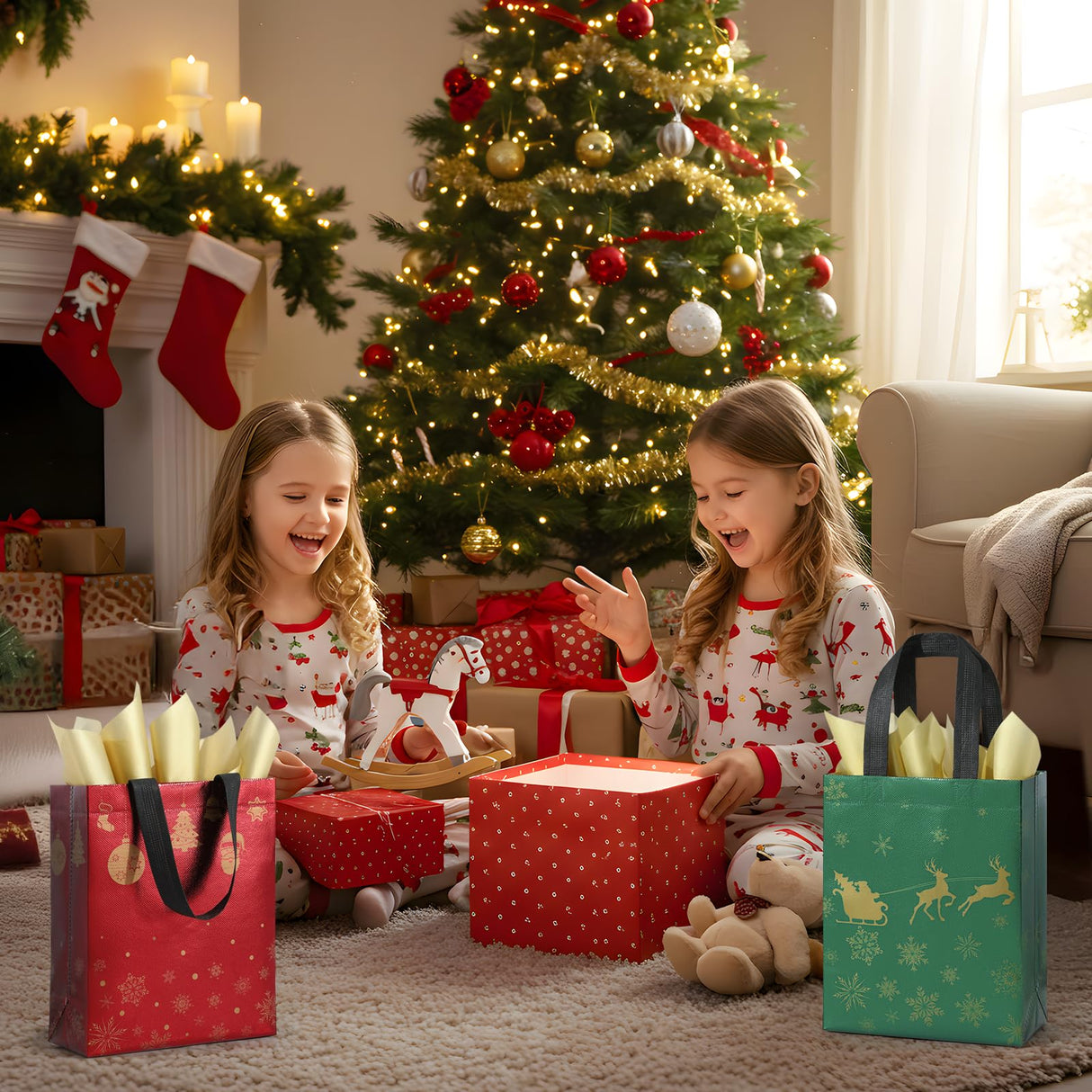 STYPOP 32 Pack 10" Christmas Gift Bags Medium Size with Tissue Paper, Reusable Non-Woven Christmas Tote Bags with Handles, Perfect for Holiday Gift Wrap/Party Favor Supplies, 10.2" ร 8.3" ร 4"