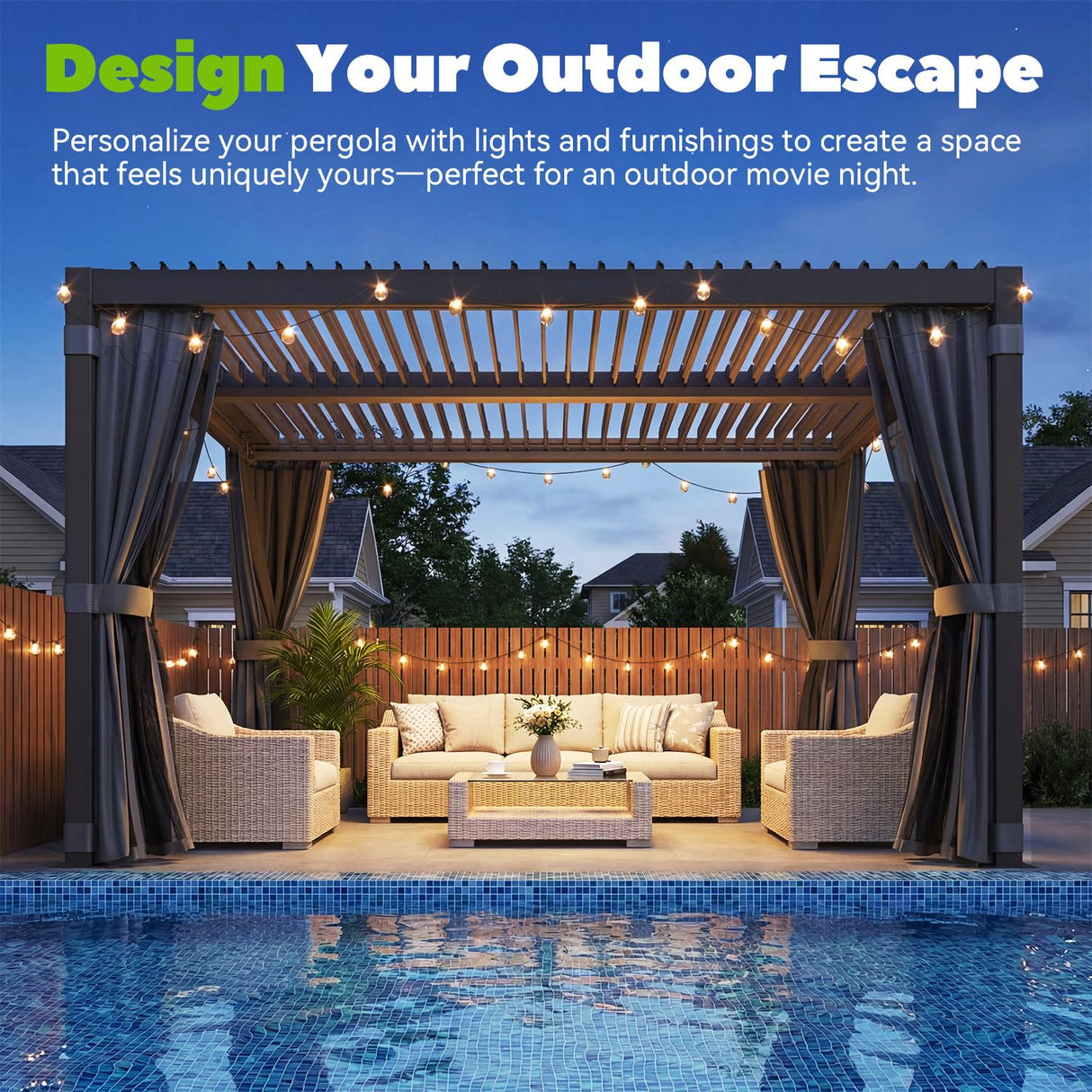 MELLCOM 10x12 Louvered Pergola Adjustable Roof w/Curtains & Mesh