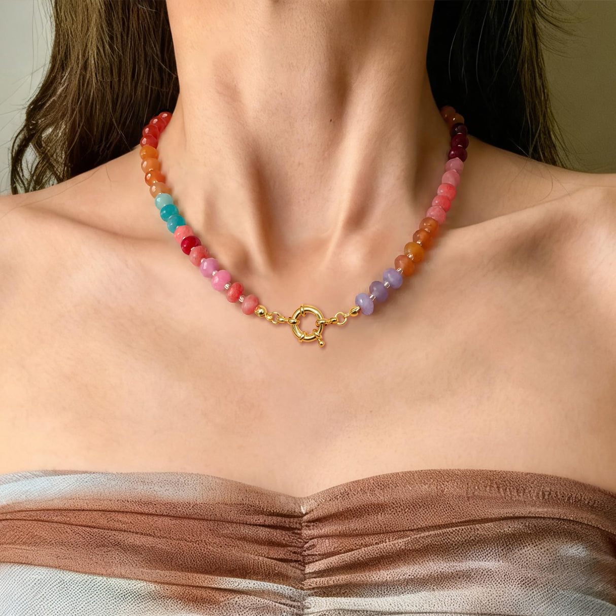 HAXIYA Colorful Beaded Gemstone Necklace for Women Boho Choker for Beach