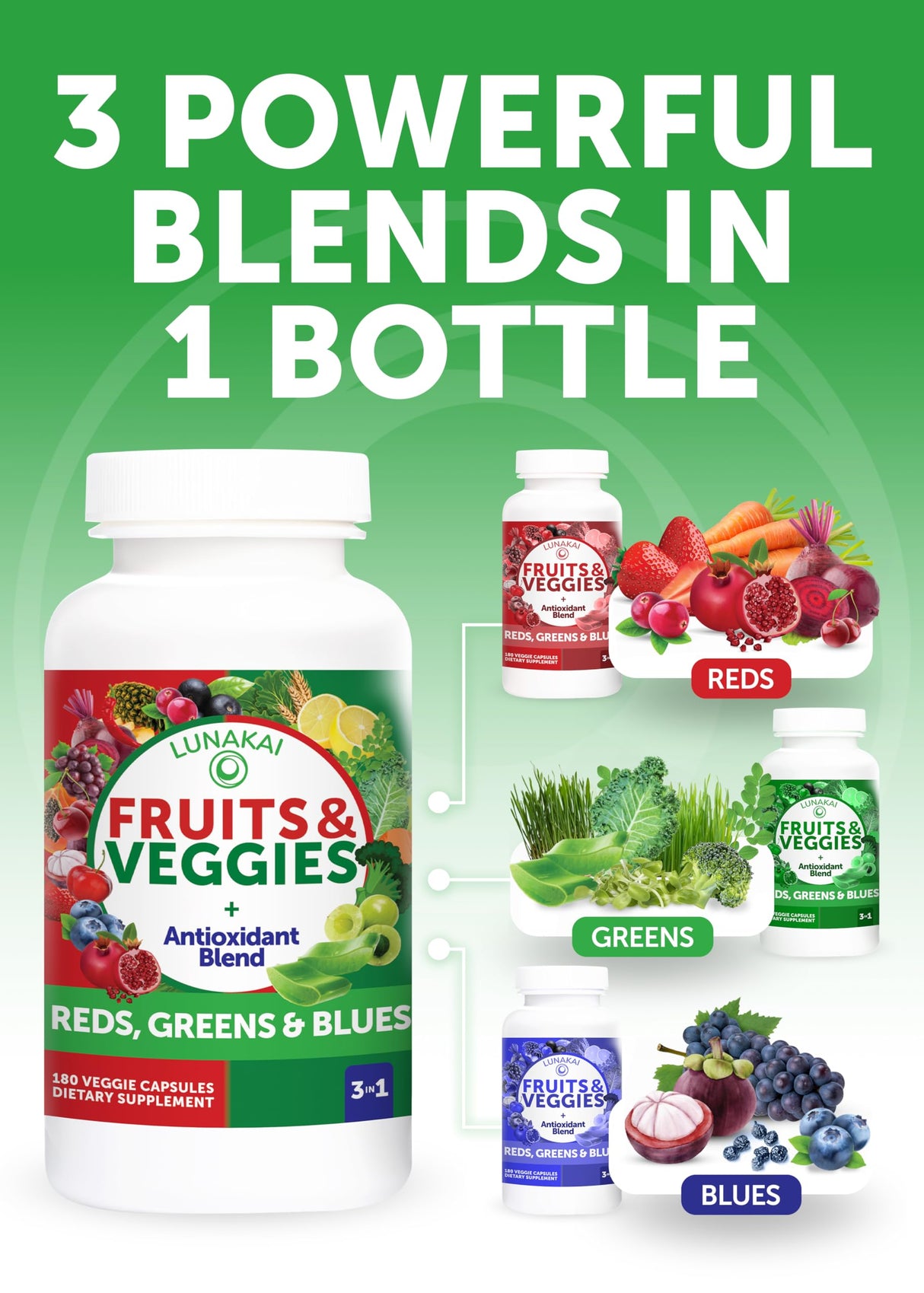 Lunakai USA Made Superfood Fruits & Veggies Supplement - All-in-One with 4 Blends & Scented Capsules, 180ct Super Veggie Capsules for Adults