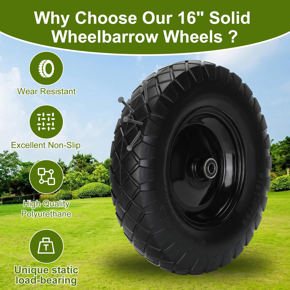 Pontuss Upgraded 16" Flat Free Wheelbarrow Wheels and Tires