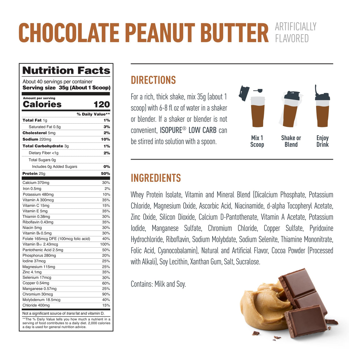 Isopure Low Carb 100% Pure Whey Isolate Protein Powder, Lactose Free, Gluten Free, With Vitamins, Chocolate Peanut Butter, 25g Protein Per Serving, 3 Lbs, 40 Servings (Packaging May Vary)