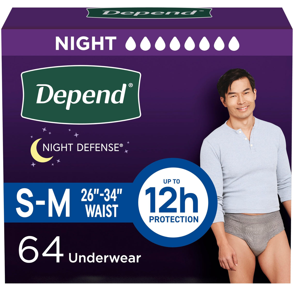 Depend Night Defense Adult Incontinence Underwear for Men, Disposable, Overnight, Small/Medium, Grey, 64 Count (4 Packs of 16), Packaging May Vary