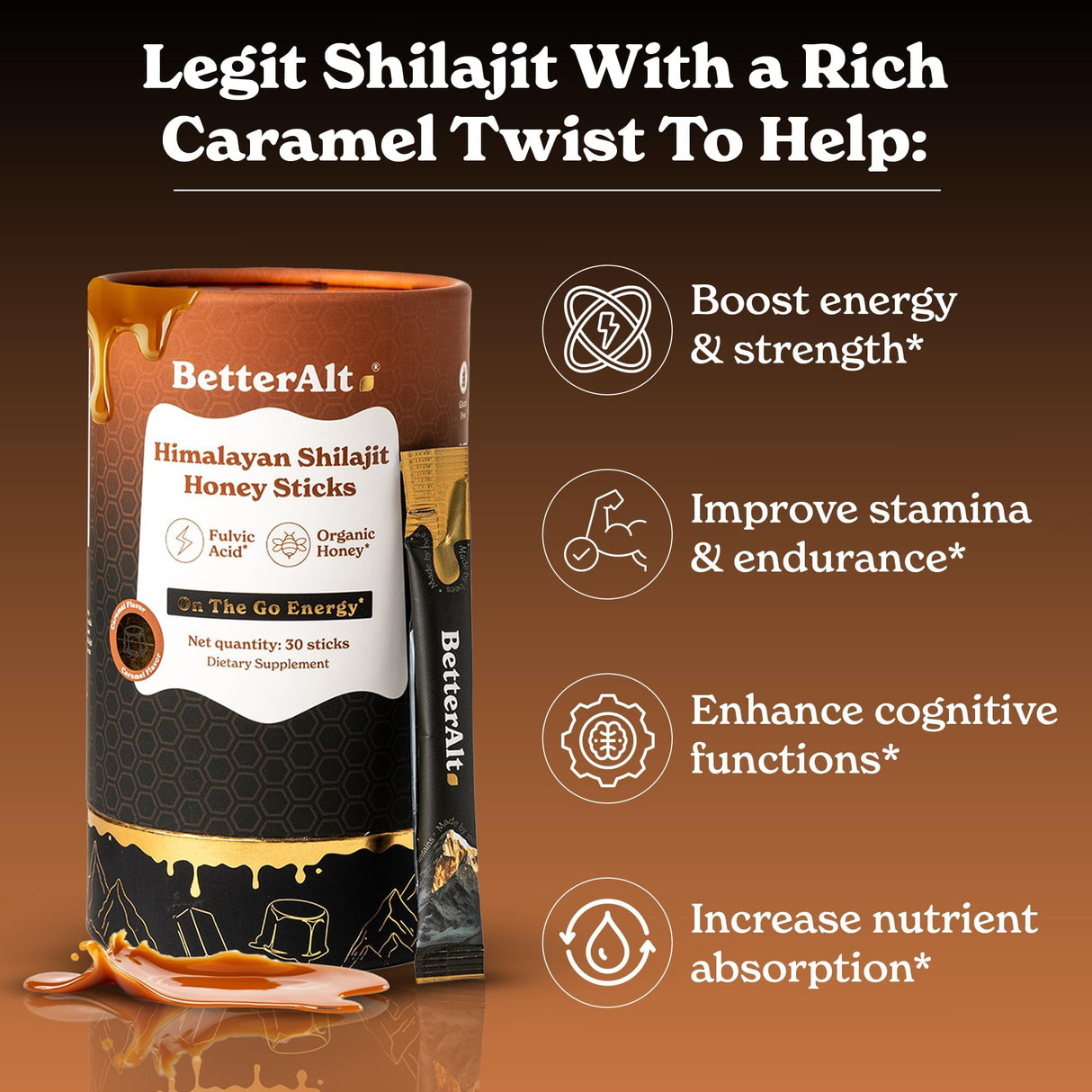 Better Alt Pure Himalayan Shilajit Caramel Honey Sticks with Organic Honey| Easy to Consume Shilajit| 30 Sticks for Energy Boost & Immune Support, 85+ Trace Minerals, 75%+ Fulvic Acid