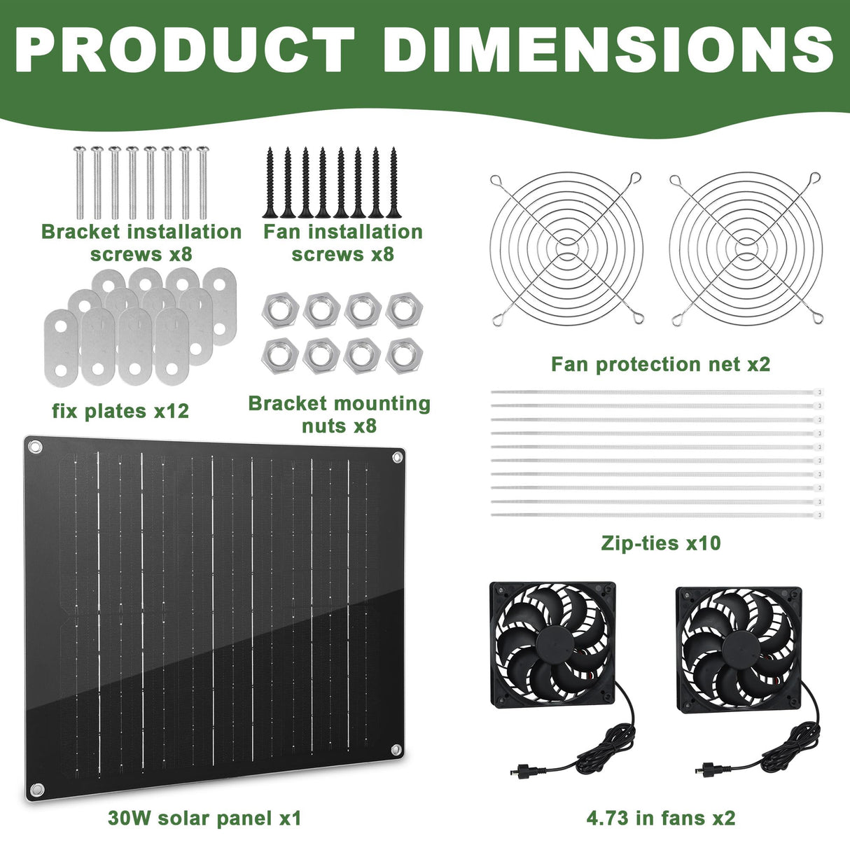 Solar Fan, 30W Solar Powered Fan, Solar Panel Fan Kit, IPX7 Waterproof Fans Exhaust Intake Mounting for Outside Greenhouse Shed Chicken Coop