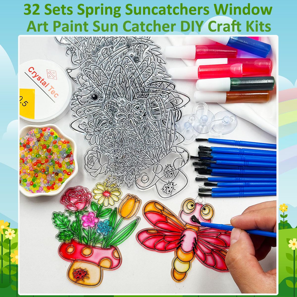 32 Sets Spring Flower Suncatcher Kit Butterfly Suncatchers DIY Window Art Kit Paint Sun Catcher Ornaments for Spring Easter Home Activity Art Craft Project Birthday Party Favors