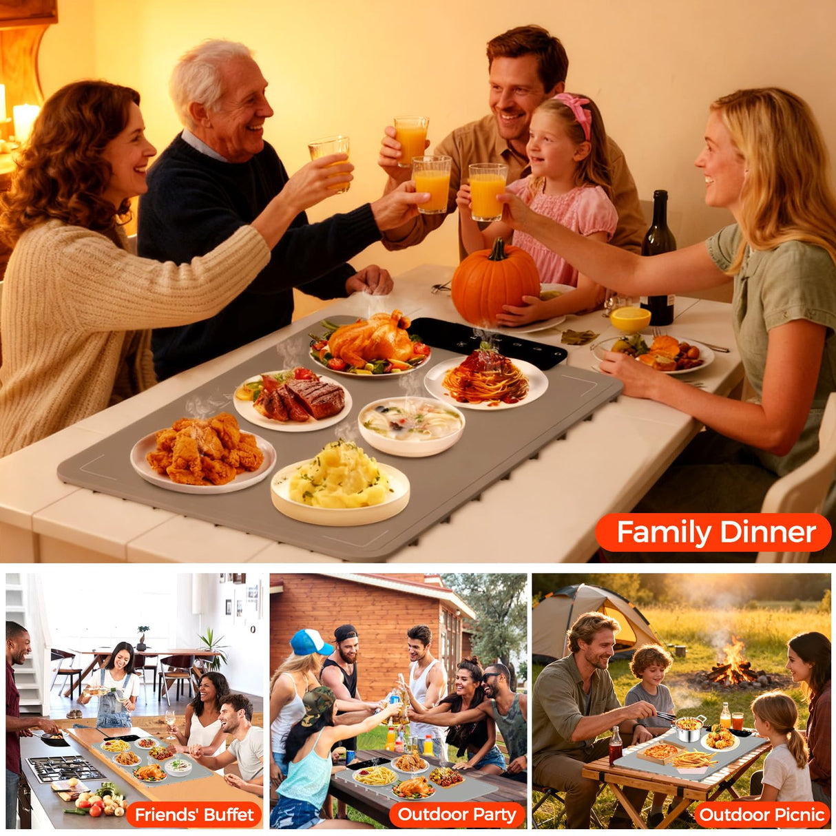 Warming Mat for Food | Dishwasher Friendly,Full-Surface Food Warmer with 6-Mode Adjustable and Timer,Roll-Up & Portable Silicone Food Heating Pad with Child Lock,Electric Warming Tray for Buffet Party
