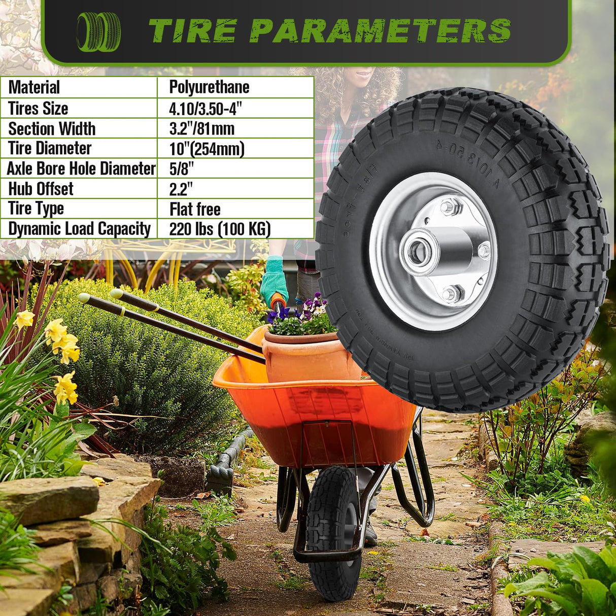 4 Pcs 4.10/3.50-4" Tire and Wheel Flat Free, 10 Inch Solid Rubber Tires with 5/8" Axle Bore Hole, 2.2" Offset Hub for Hand Truck, Wheelbarrow, Gorilla Cart, Garden Wagon Cart, Dolly, Utility Cart