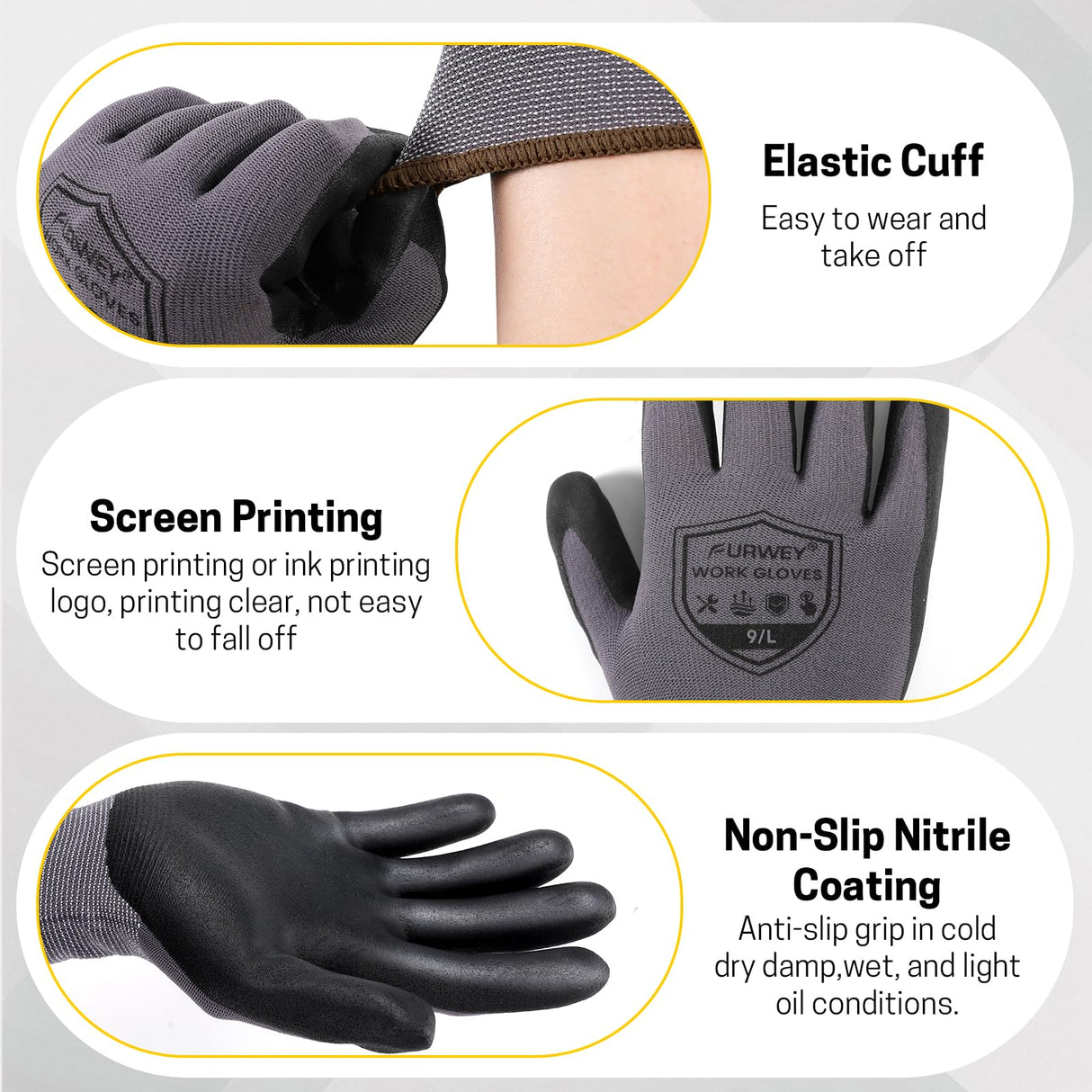 FURWEY Safety Work Gloves,16 Pairs Micro-Foam Nitrile Coated Glove for Men and Women, Touchscreen, Ideal for Warehouse Package Handling,Construction, Gardening, Large