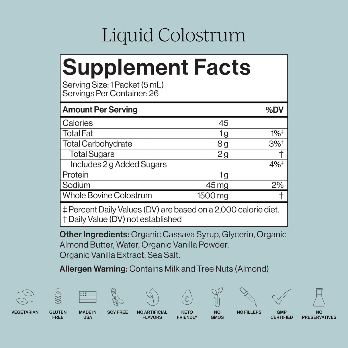 CYMBIOTIKA Liquid Colostrum, 1.5g Full Spectrum Colostrum, Grass-Fed Bovine Colostrum for Gut Health, Immune Support, Skin & Recovery, Sea Salt Vanilla Flavor, 26 Daily Packets (Single Pack)