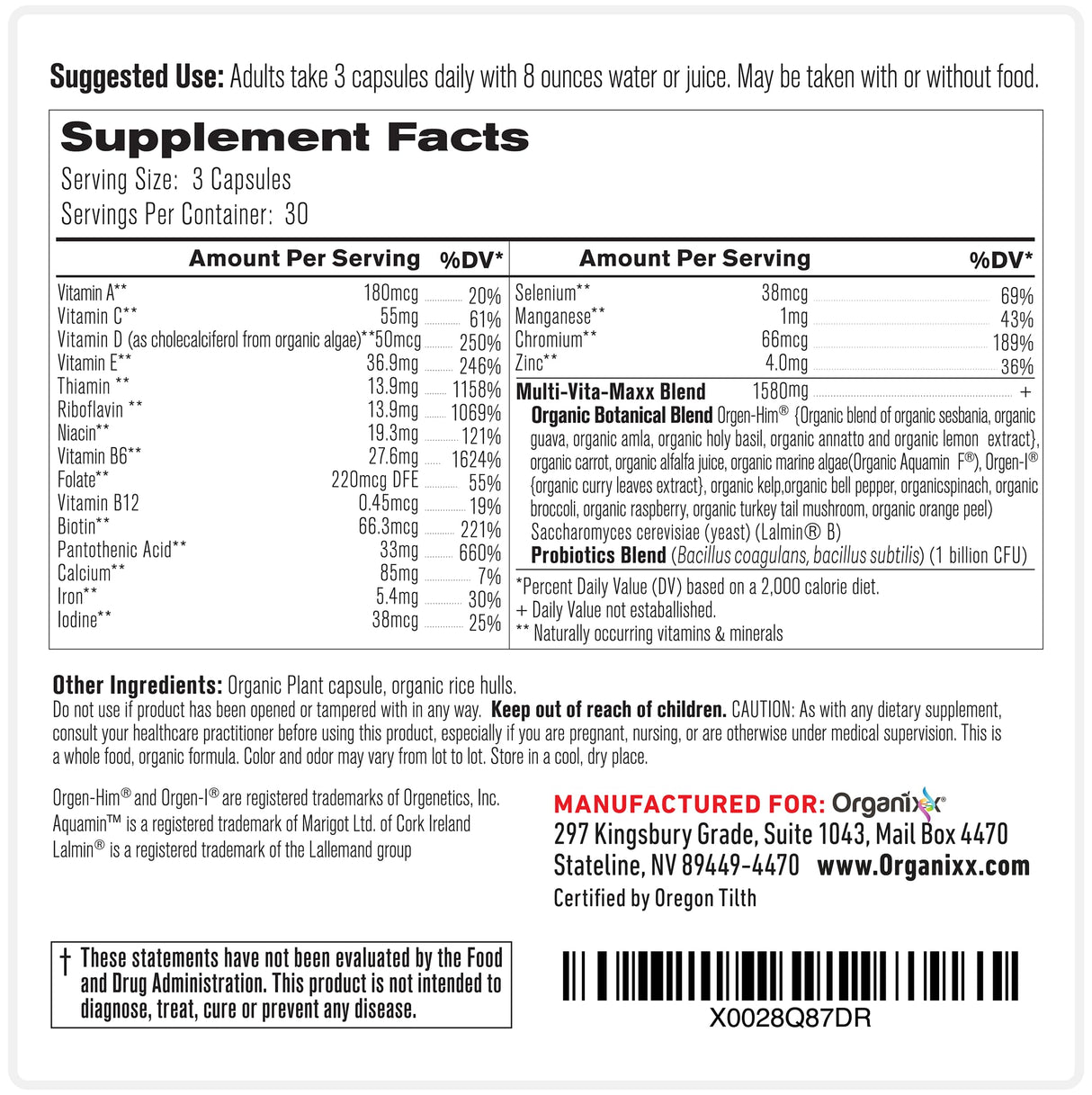 Organixx Vegan Multivitamin for Women & Men, with Vitamin C, D3, Vitamin B Complex, Probiotics, Organic Fruits and Vegetables, Supports Digestive, Gut Health, Immune Support, 90 Gel Capsules