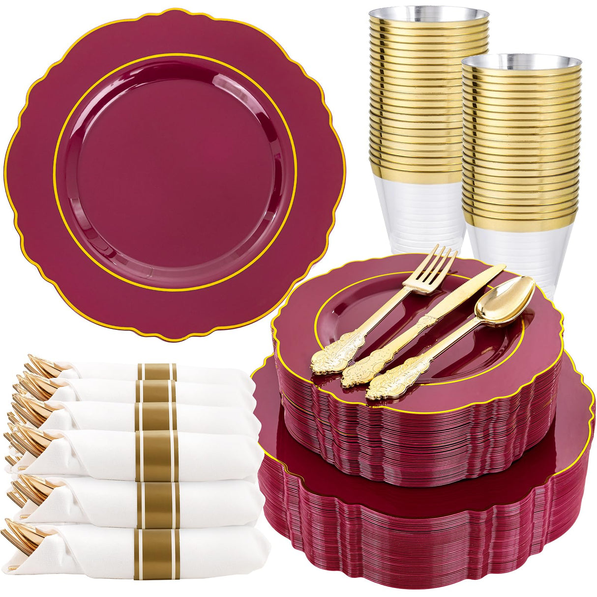 Liacere 350PCS Red Plastic Plates-Disposable Burgundy Red and Gold Plates 50guest Baroque Plastic Dinnerware include 100Plates, 50Pack Pre Rolled Napkins with Silverware 50Cups for Christmas