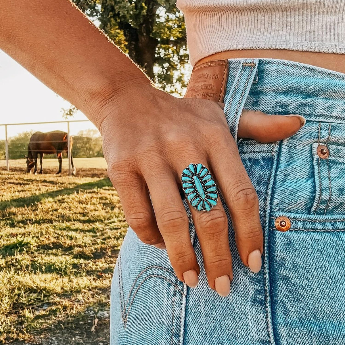PSAMPMOS Boho Turquoise Rings for Women, Native American Western Large Bohemian Statement Open Adjustable Rings, Sizes 5-10