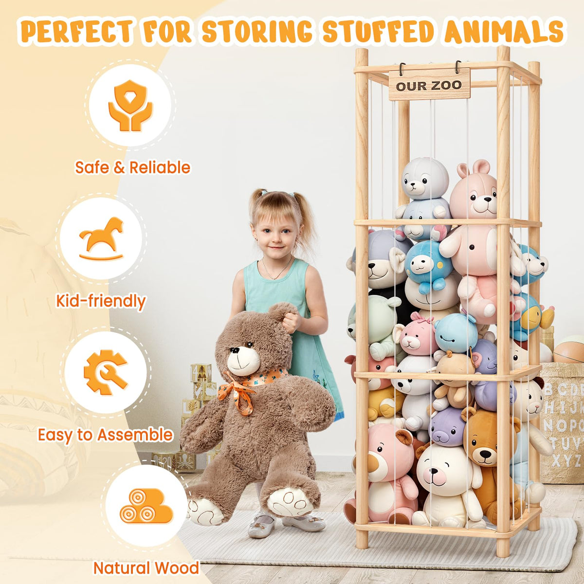 Woodure Stuffed Animal Storage & Organizer, Wooden Toy Holder Zoo for Kids