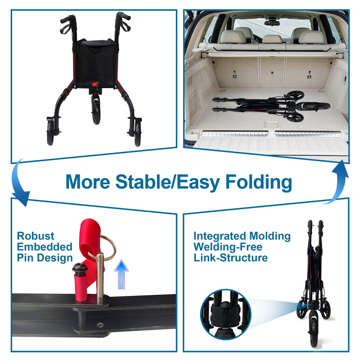 Premium 3 Wheel Rollator Walker for Seniors, Lightweight Foldable Elderly Three Wheeled Rollator with Storage Bag, Aluminum Mobility Aid Rolling Walker (Black & Red)