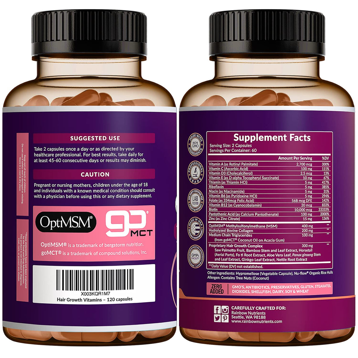 (2 Pack) Hair Growth Vitamins for Women | Biotin 10,000mcg, Collagen, Patented OptiMSM®, goMCT®, Saw Palmetto | Naturally Regrow Stronger & Healthier Hair, Skin and Nails | May Stop Hair Loss