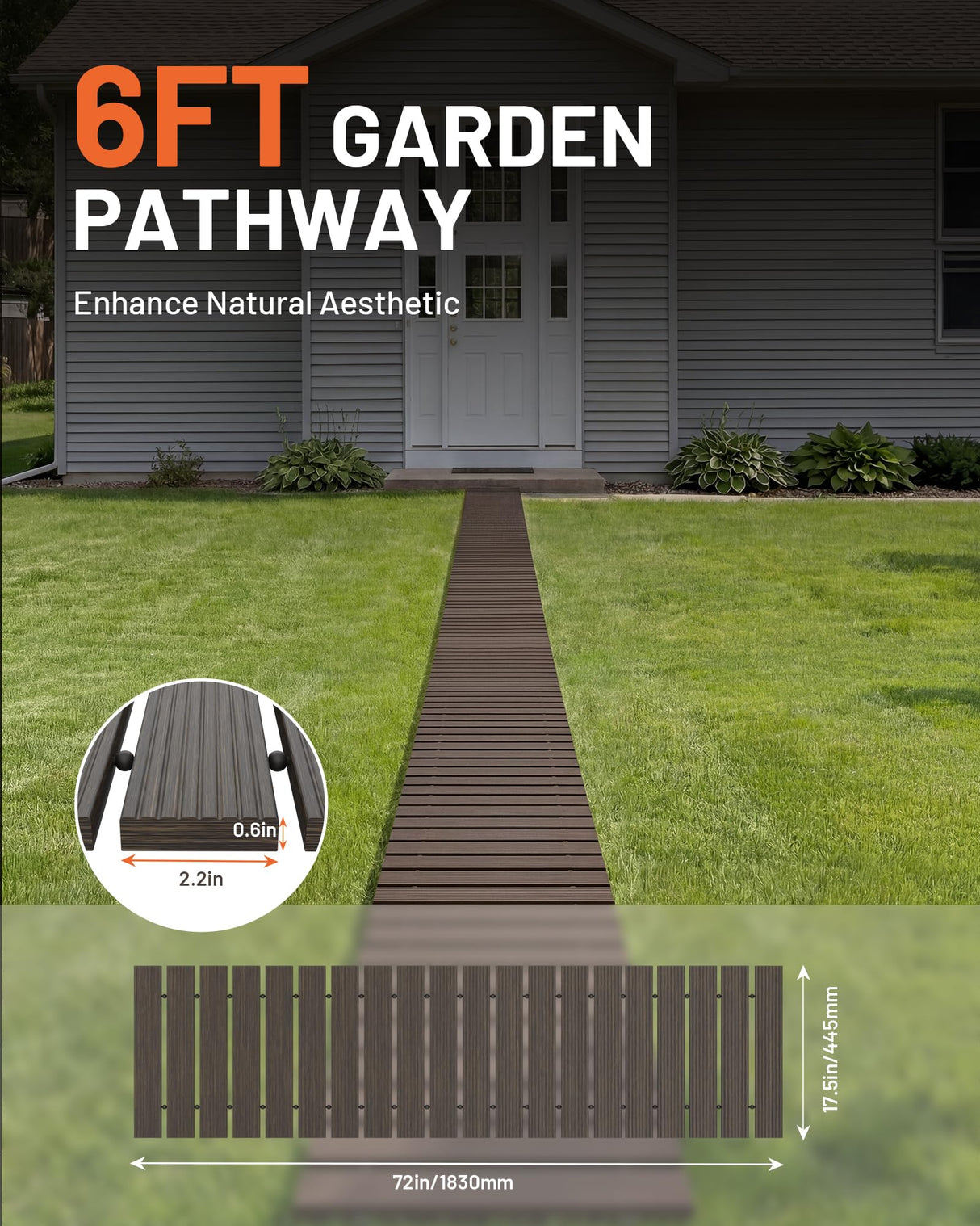 yoopin Wooden Garden Pathway Roll Out Walkway, Flexible Outdoor Wood Boardwalk for Lawn Sand Backyard, Non Slip Surface, Portable Garden Path with Rubber Connectors, 11.5FT, Brown