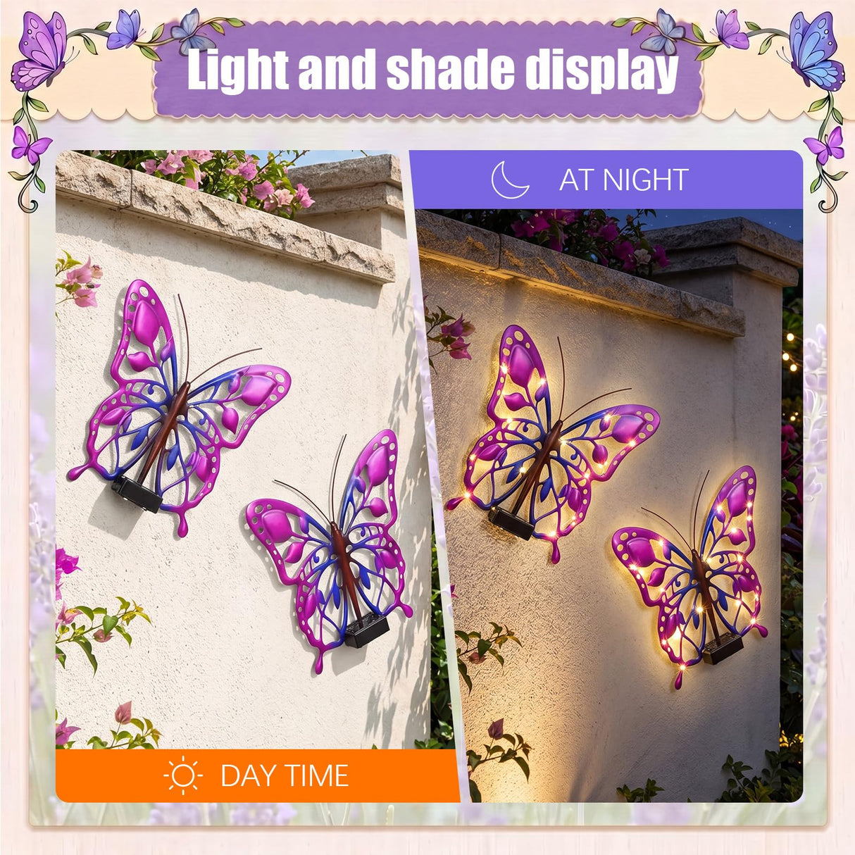 2 Pack Solar Butterfly Lights LED 9.8" Metal Butterfly Outdoor Wall Decor