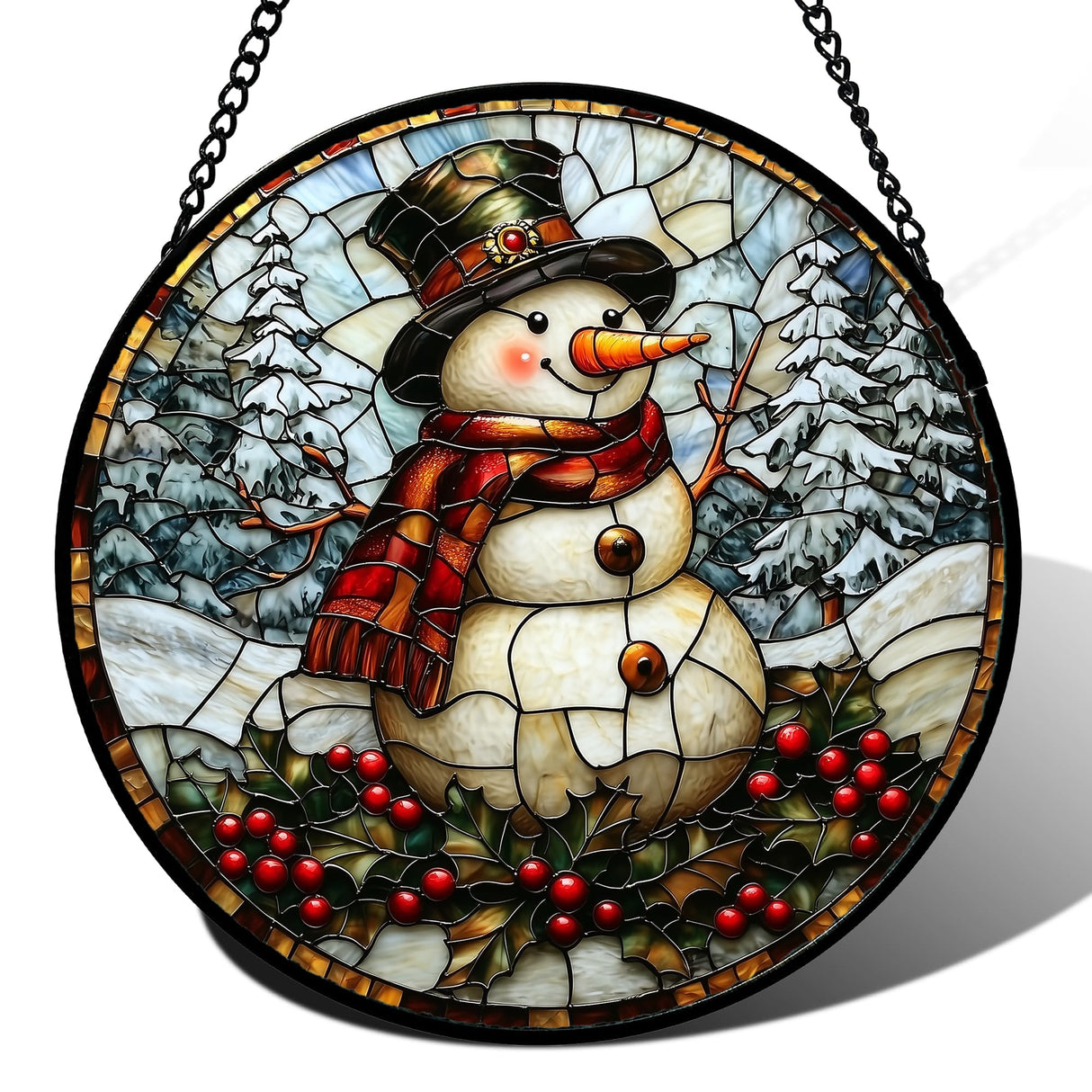 JOSUMALY Stained Glass Window Hanging - Christmas Snowman Suncatcher for Door Terrace Garden Home Decor Winter Forest Snow Sun Catcher Birthday Gifts for Lovers Women Men Dad Mom Nana 7.8 in