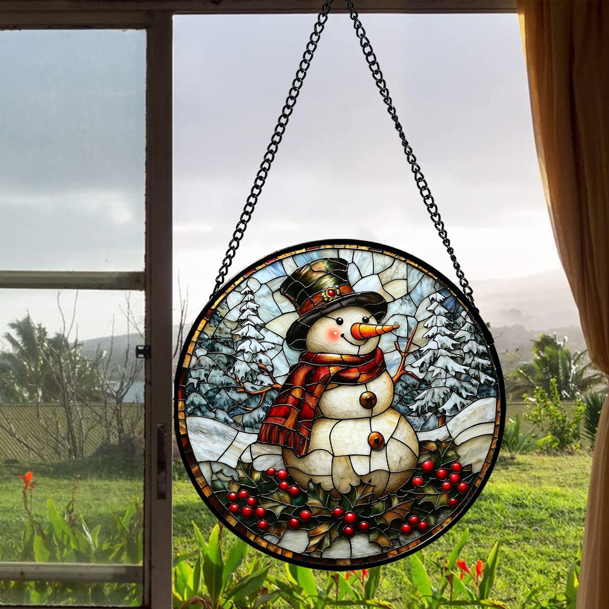 JOSUMALY Stained Glass Window Hanging - Christmas Snowman Suncatcher for Door Terrace Garden Home Decor Winter Forest Snow Sun Catcher Birthday Gifts for Lovers Women Men Dad Mom Nana 7.8 in