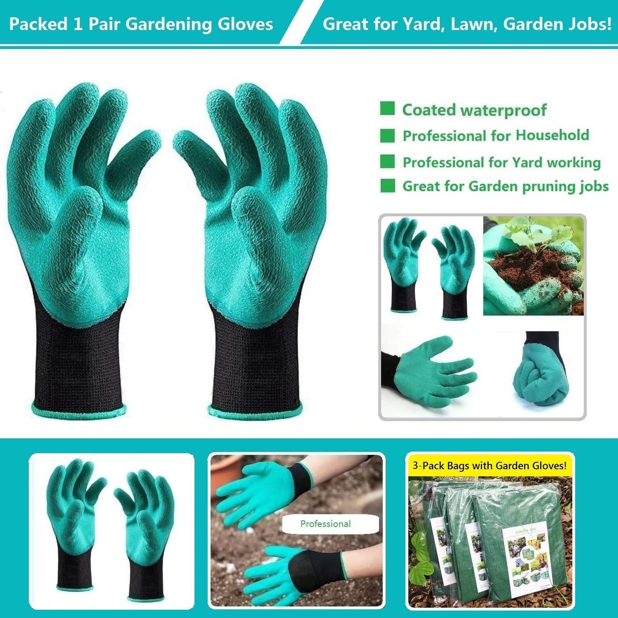 Standard 3-Pack 32 Gallon Lawn Garden Bags (D18,H30 inch) Yard Waste Bags with Gardening Gloves - Reusable Leaf Bags,Yard Debris,Trash Container,Plant Trimmings Bag,Grass Clippings,Weeds Bag 4 Handles