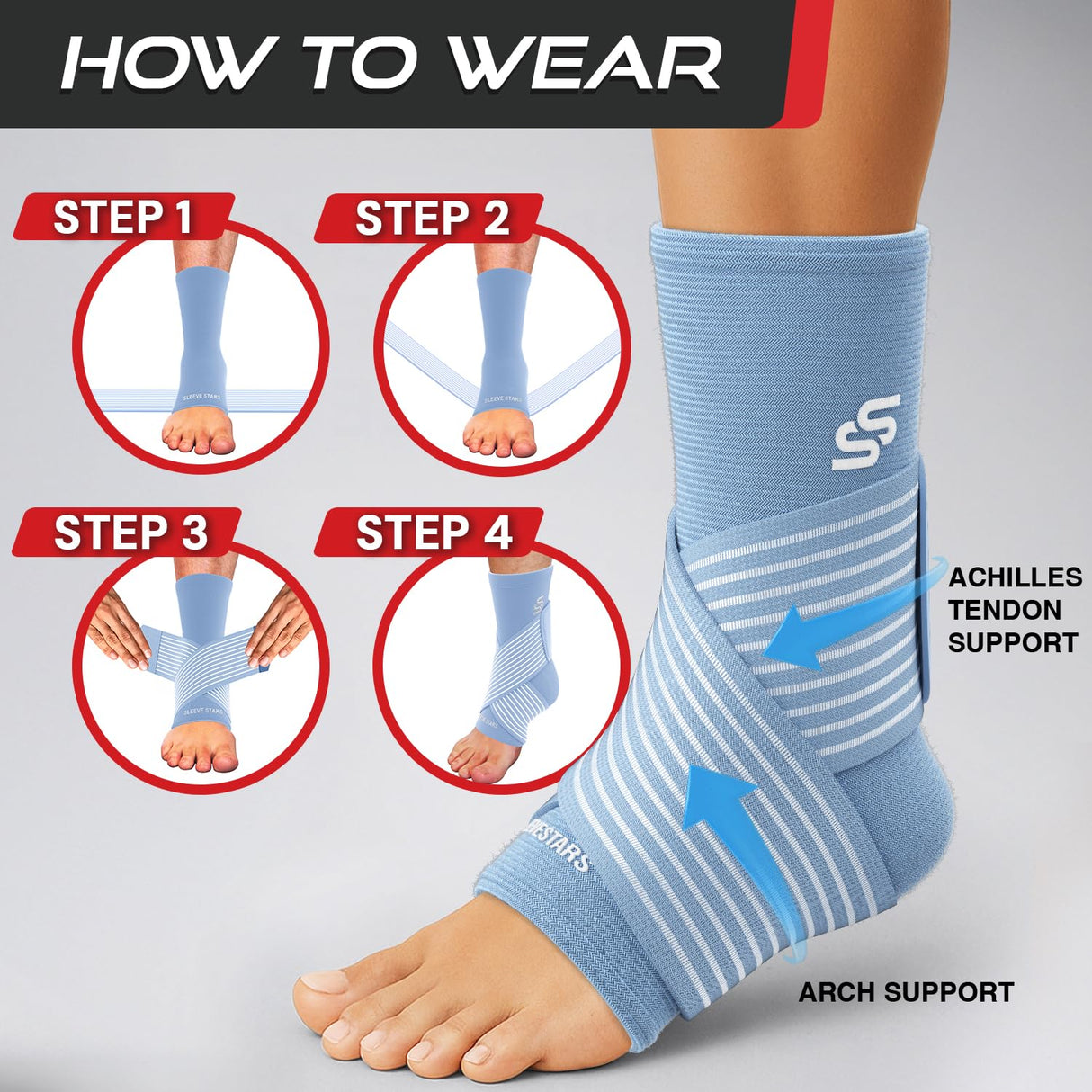 Sleeve Stars Ankle Brace for Women & Men, Ankle Wrap for Sprained Ankle, Compression Sleeve for Plantar Fasciitis Relief, Easy Customizable Support: w/Removable Strap (Single/S:9"-10"/Light Blue)
