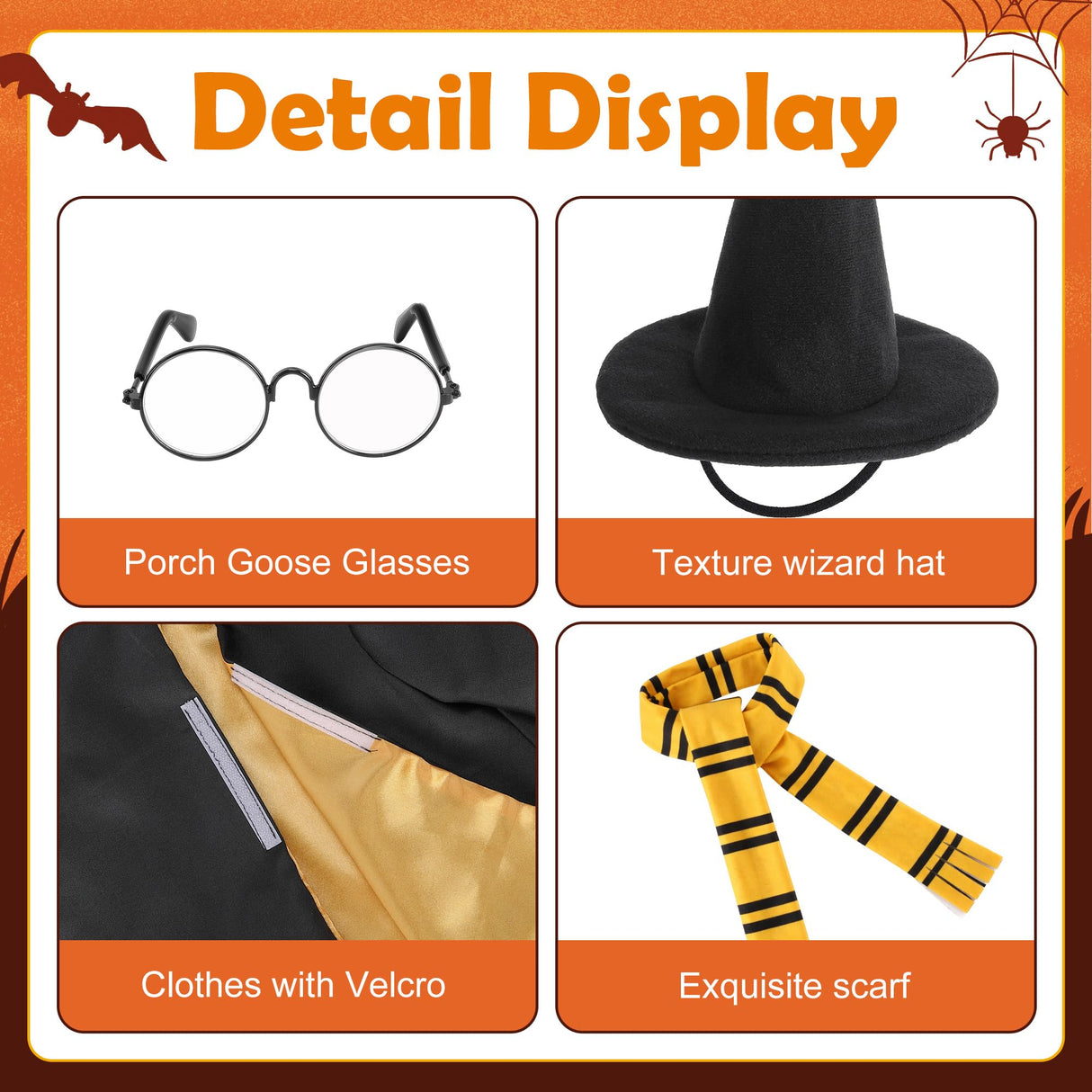 Tmovjxv 4 Pcs Halloween Wizard Porch Goose Outfit, Lawn Porch Goose Clothes Wizard Costume for 23'' Statue, Witch Garden Geese Outfit with Hat Scarf Glasses for Patio Yard Christmas Decor (Yellow)