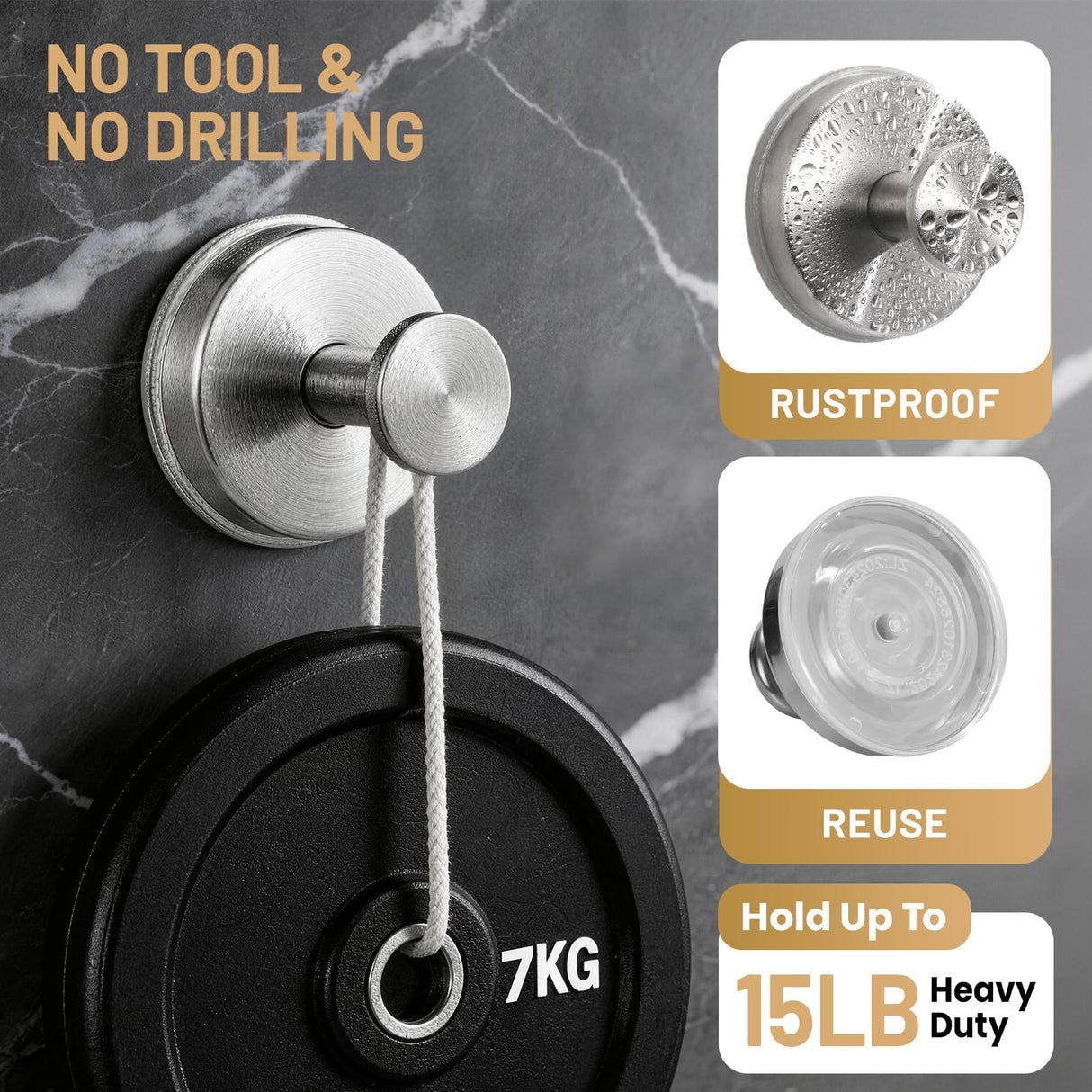 Fenas Large Suction Cup Hooks, Heavy Duty 15lb Holds Towel & Robe, No-Drill Shower Bathroom Hooks for Tile Wall Glass Mirror, Mounts on Smooth Non-Porous Surfaces (2 Pack, Brushed Nickel)
