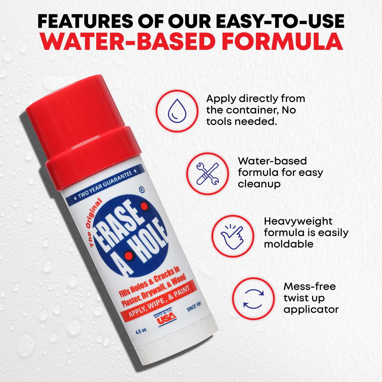 Erase-A-Hole Wall Repair Stick – Quick-Dry Nail & Screw Hole Filler for Drywall, Wood & Plaster – No Sand Spackle Alternative, Paintable Putty, 4.5 oz