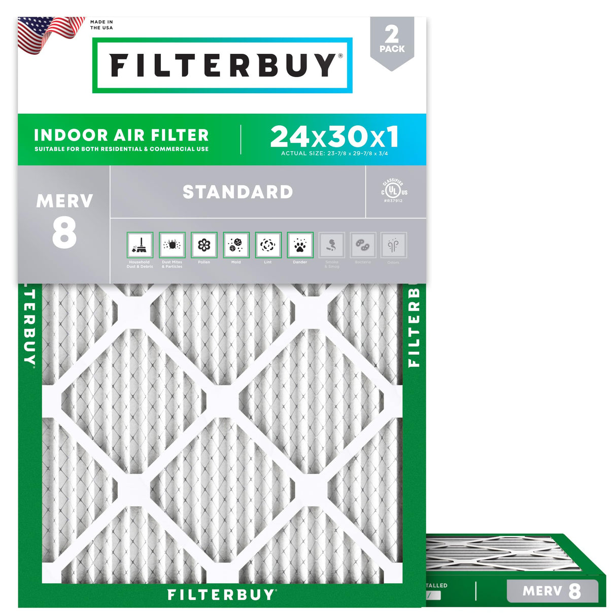 Filterbuy 24x30x1 Air Filter MERV 8 Essential Dust & Allergy Defense (2-Pack), Electrostatic Pleated HVAC AC Furnace Filters Replacement, Made in USA (Actual Size: 23.88 x 29.88 x 0.75)