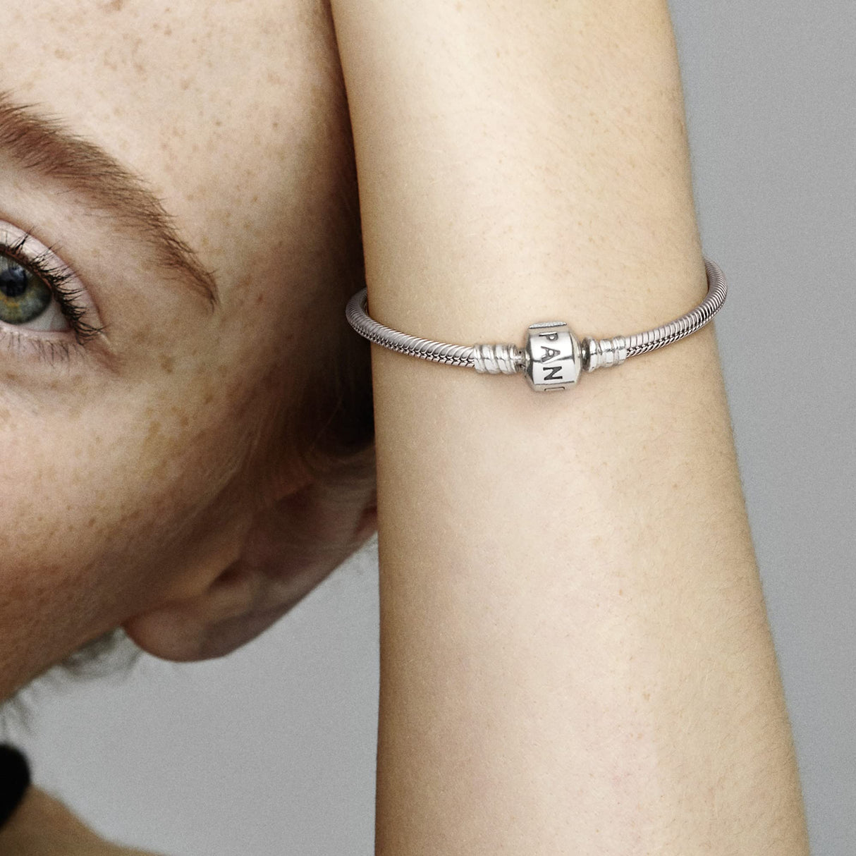 PANDORA Moments Logo Barrel Clasp Snake Chain Bracelet - Compatible Moments Charms - Sterling Silver Bracelet for Women - Gift for Her - 7.9"