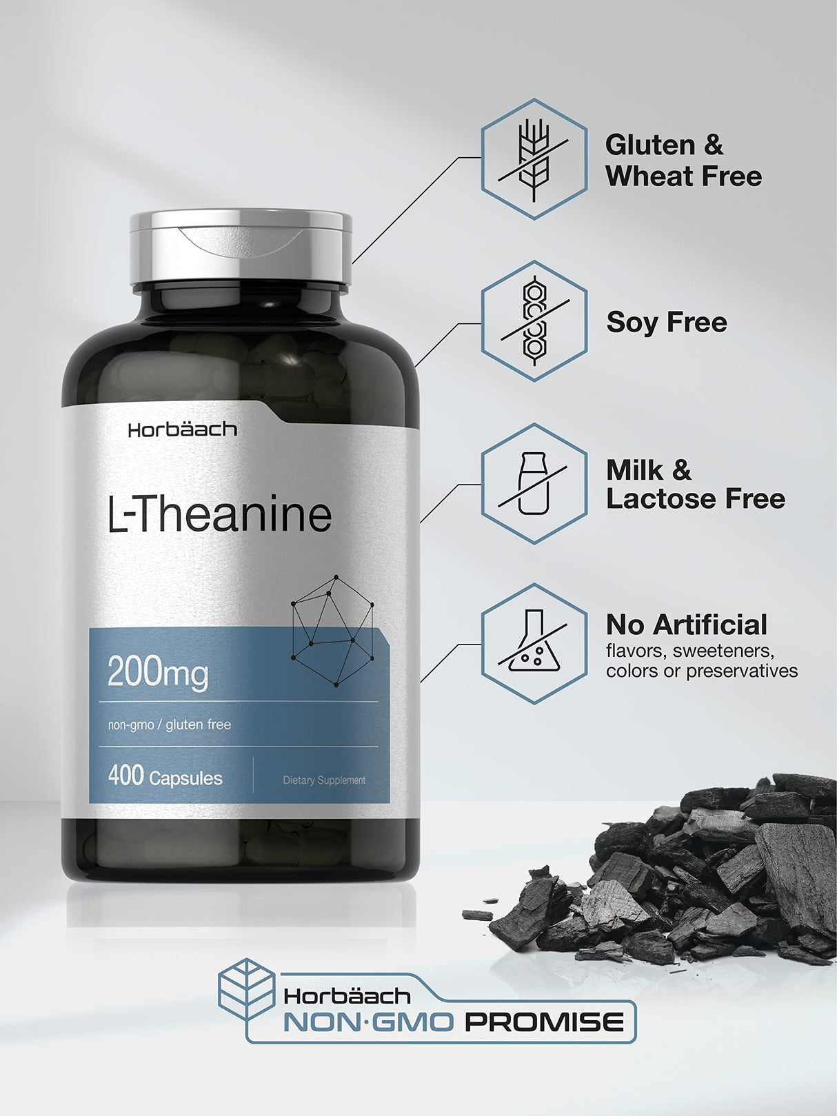 Horbäach L Theanine | 200mg | 400 Capsules | Value Size | Non-GMO, Gluten Free Supplement
