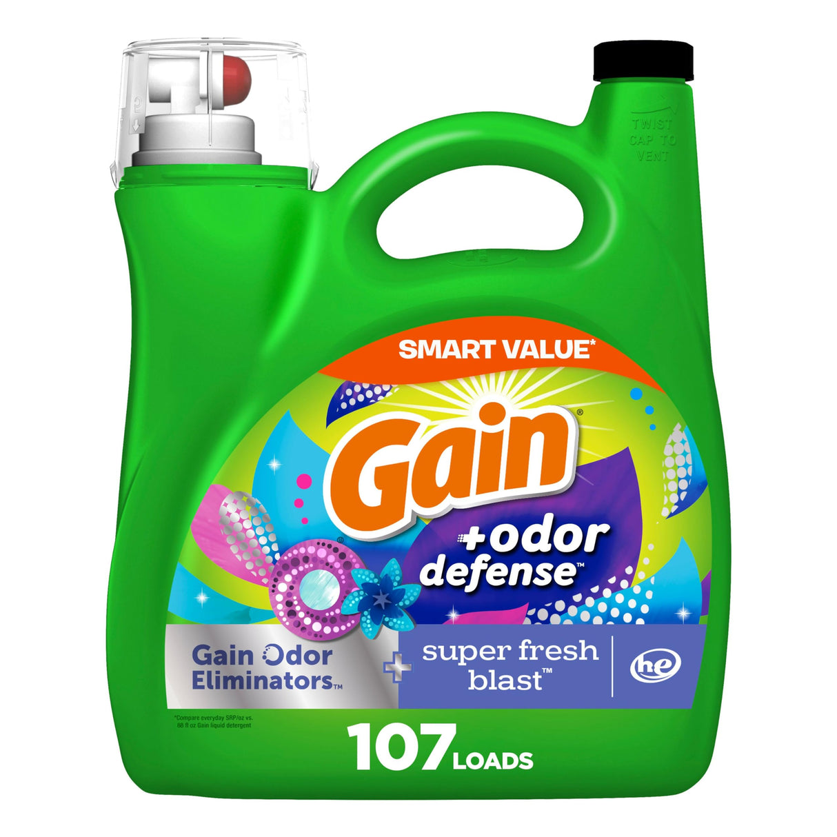 Gain + Odor Defense Liquid Laundry Detergent Super Fresh Blast Scent, HE Compatible, 107 Loads 154 fl oz, Gain Laundry Detergent, Liquid Laundry Detergent