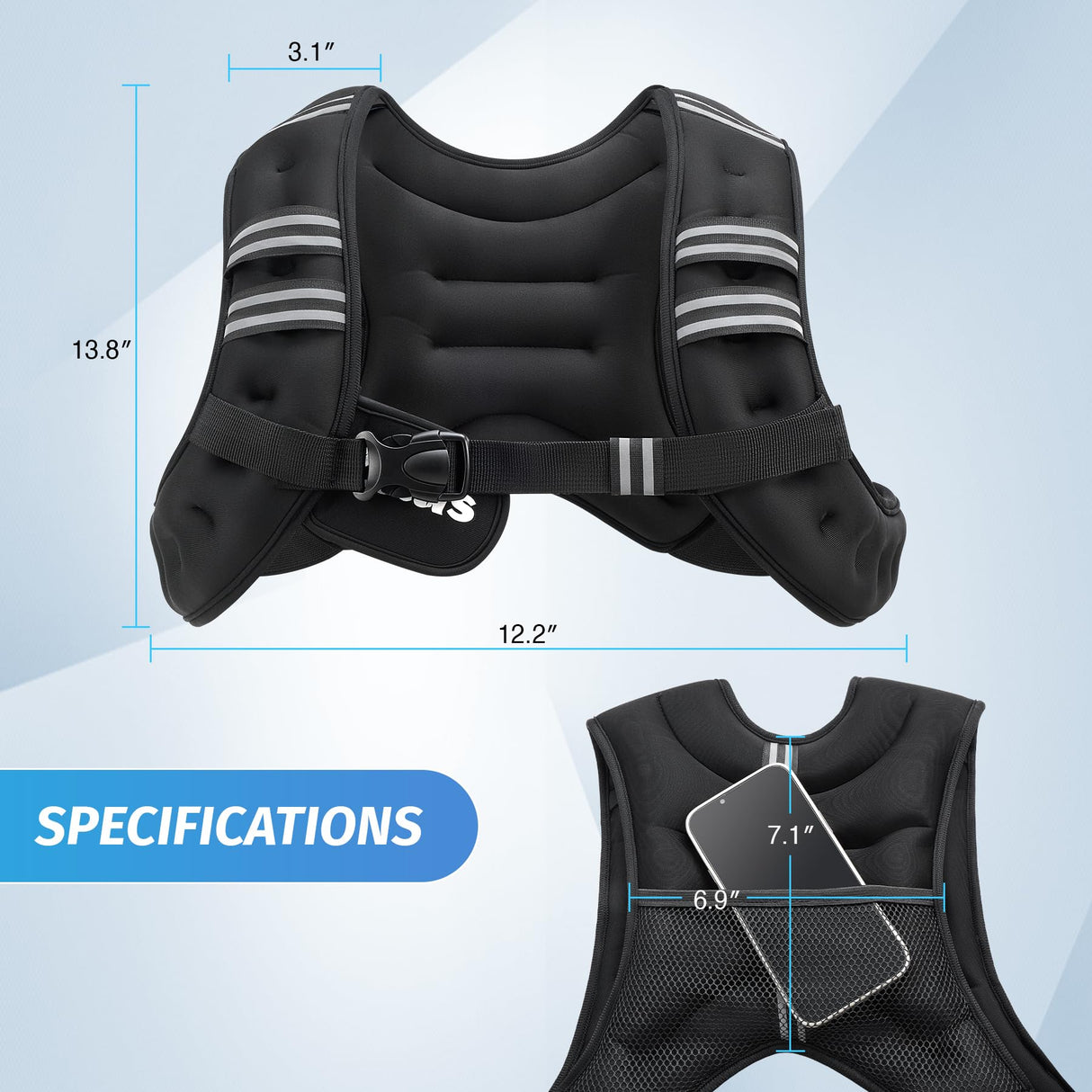 ZELUS Weighted Vest, 6lb/8lb/12lb/16lb/20lb/25lb/30lb Weight Vest with Reflective Stripe for Workout, Strength Training, Running, Fitness, Muscle Building, Weight Loss, Weightlifting, Black(8 lb)