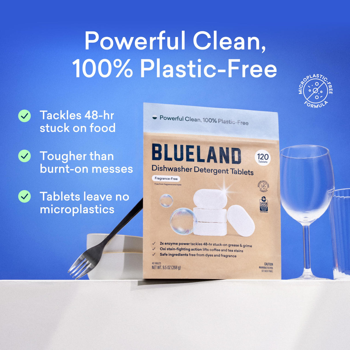 BLUELAND Dishwasher Detergent Tablets, 120 Count, Unscented 100% Plastic-Free Eco Friendly Dishwashing Pods, Natural, Sustainable