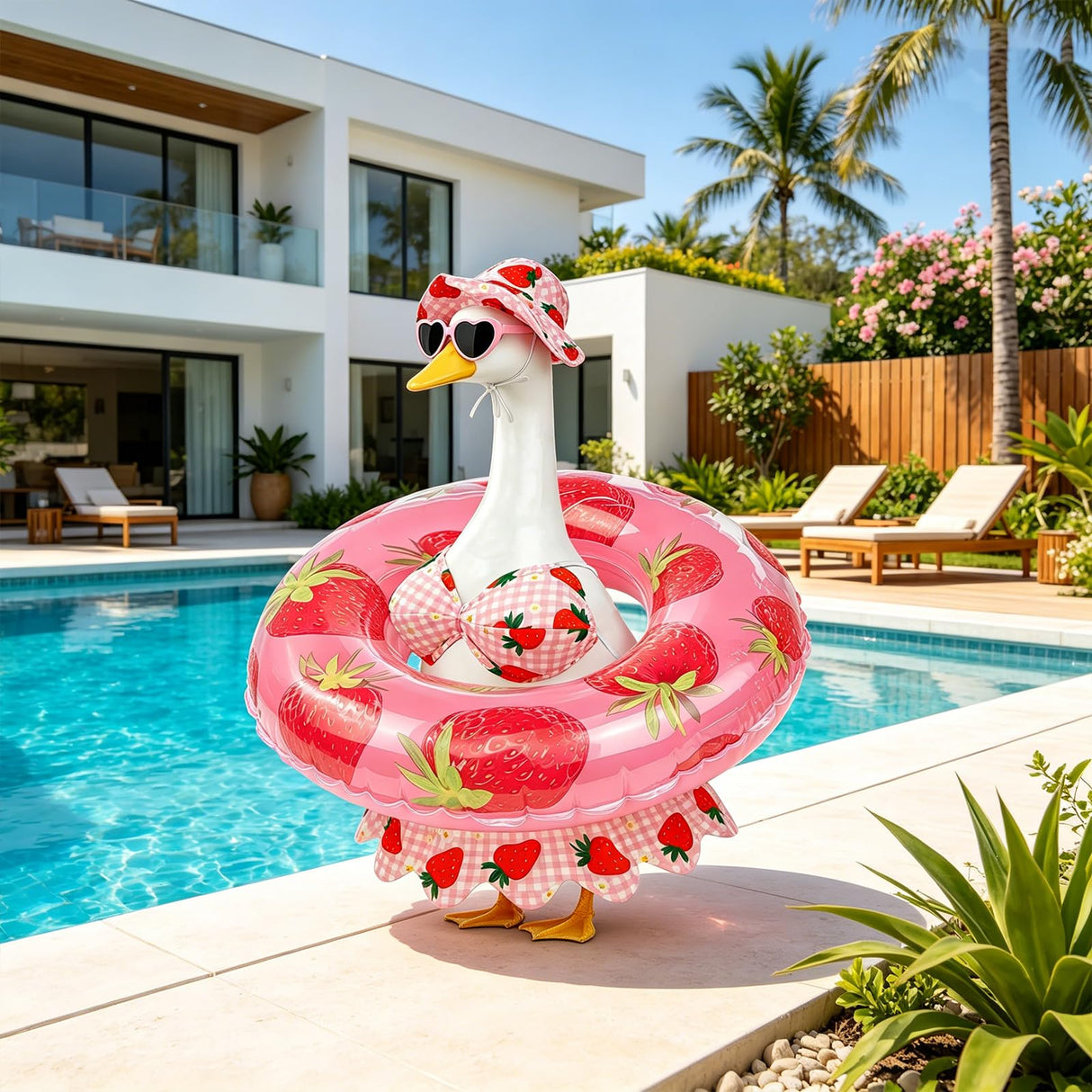 Lixintray Hawaiian Porch Goose Outfits Summer Bikini Goose Outfit with Sunglasses & Swim Ring, Strawberry Goose Costume Fits 23 Inch Cement Yard Plastic Statues, Outdoor Garden Patio Decor
