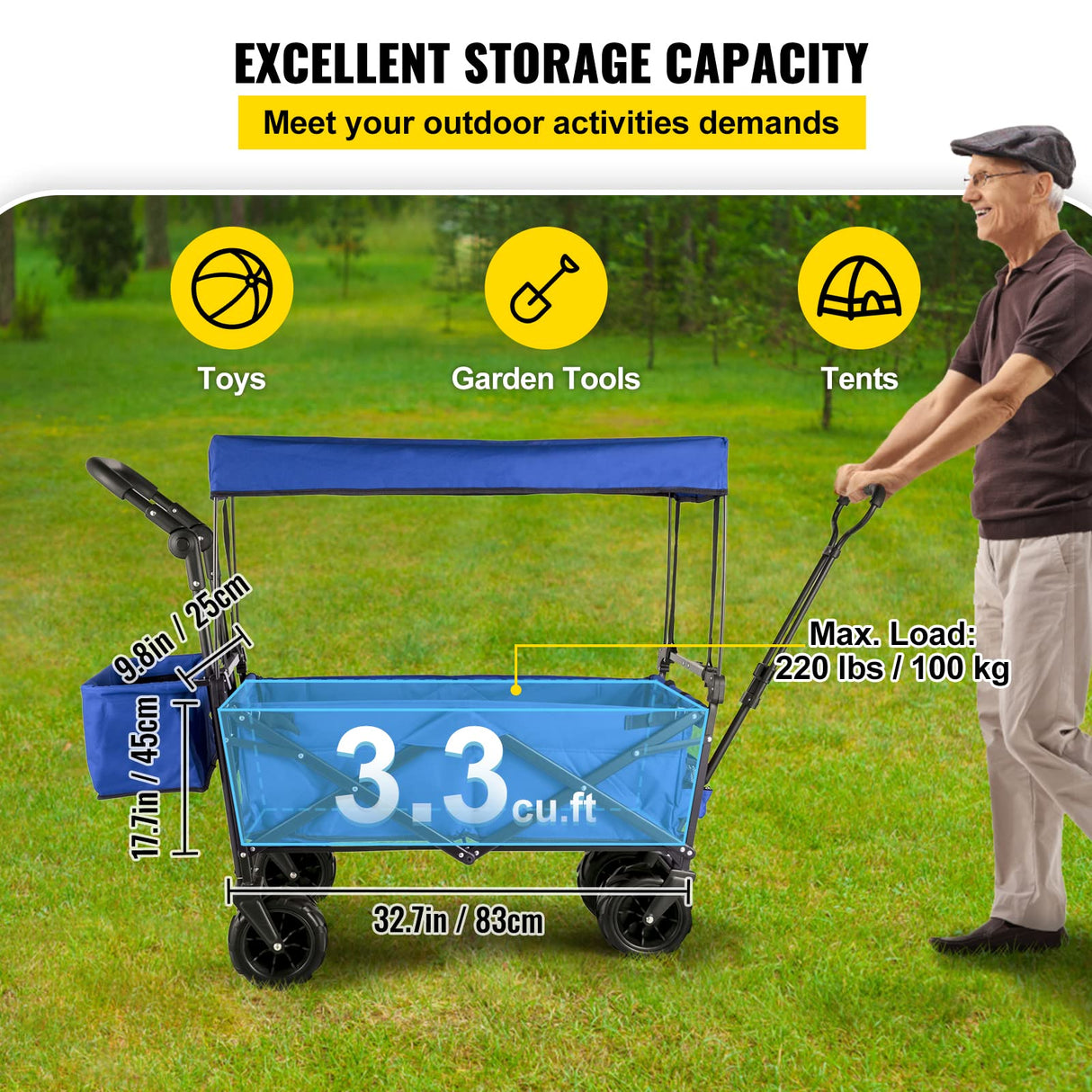 Happbuy Collapsible Wagon with Removable Canopy, 220lbs Heavy Duty Foldable Beach Wagon with Big Wheels