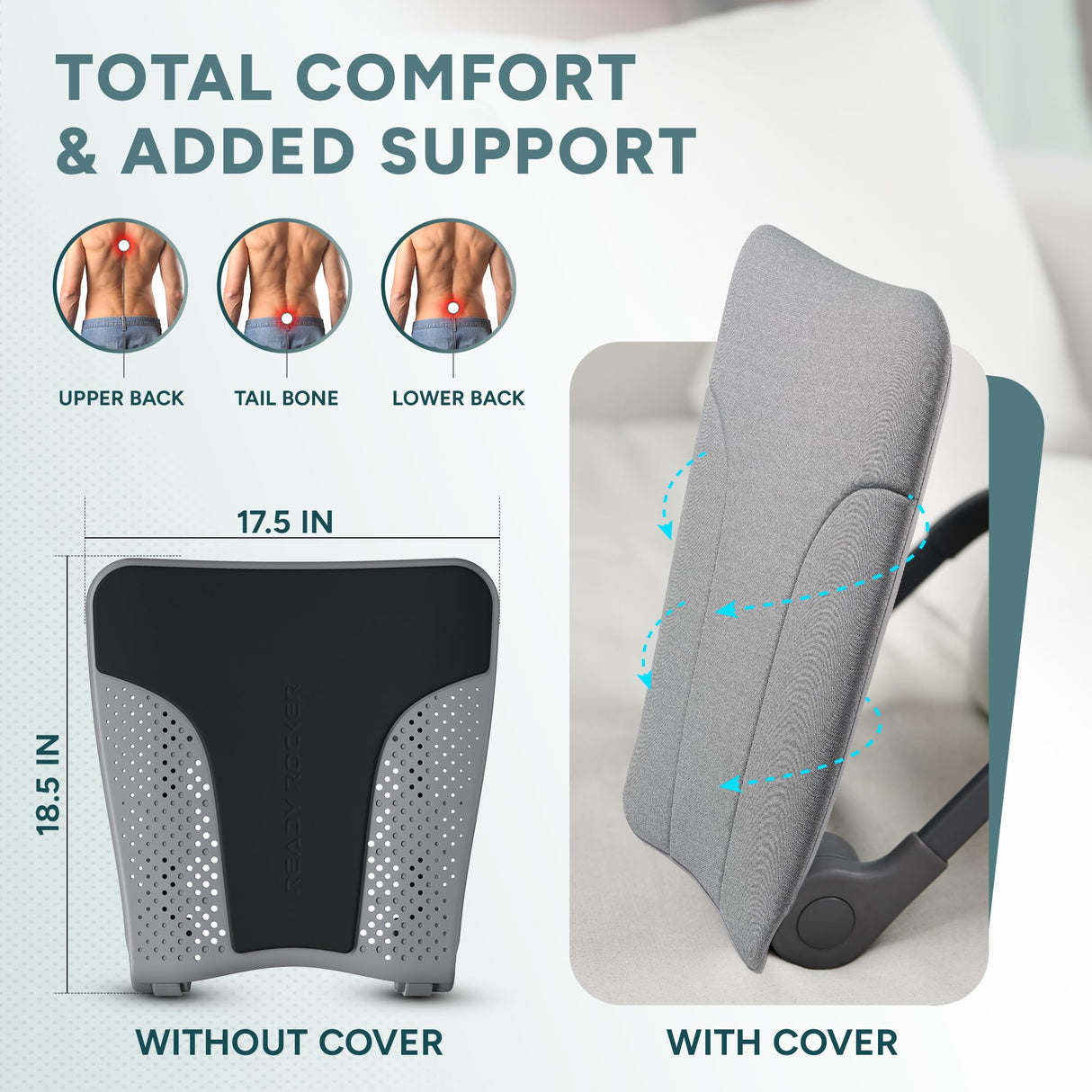 READY ROCKER Deluxe Slate | Adjustable Ergonomic Portable Rocker | Back Pain Relief & Relaxation | Black Rocker & Deluxe Cover | Back & Lumbar Support for Chair | Lightweight & Portable | 3.0 Model