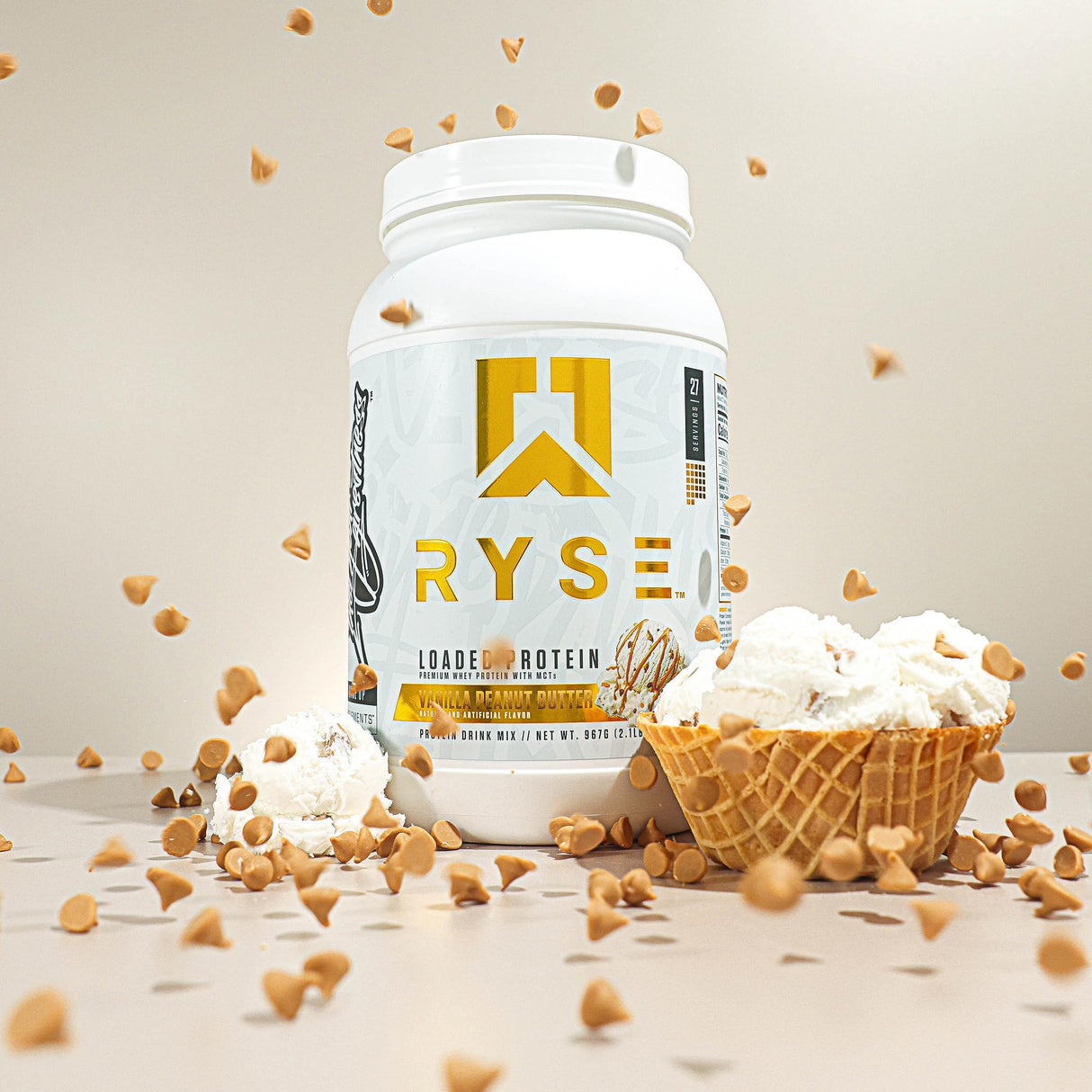 RYSE Loaded Protein Powder - Vanilla Peanut Butter - 25g Whey Protein Isolate & Concentrate with Prebiotic Fiber & MCTs - Low Carb, Low Sugar, Digestive-Friendly - 27 Servings / 2 lb Tub