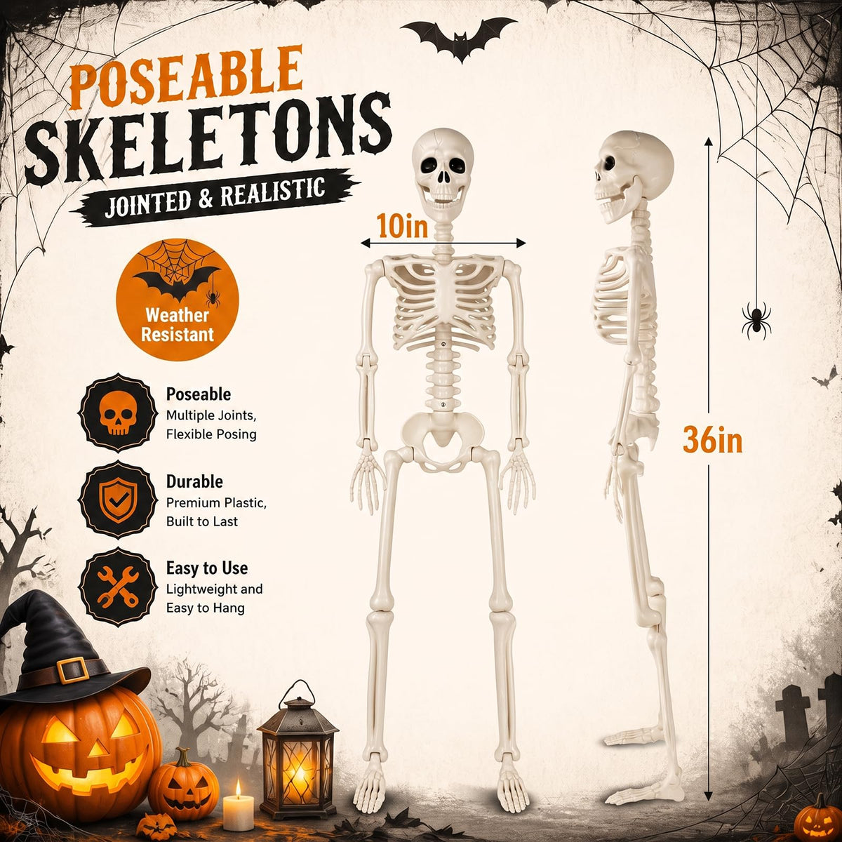 Toolterritary 36" Halloween Skeleton, 3 ft Human Skeleton Full Body Posable Joints Plastic Skeleton for Halloween Decoration, Yard Patio Lawn Garden Skeleton Spooky Party Decoration Indoor Outdoor