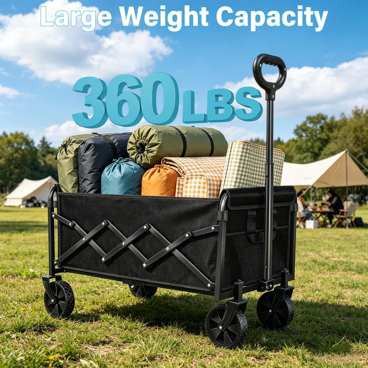 Collapsible Wagon Cart with All-Terrain Wheels - Folding Utility 360LBS Heavy Duty Wagons Carts for Grocery Sports Garden Shopping Camping Fishing (Black, 120L)